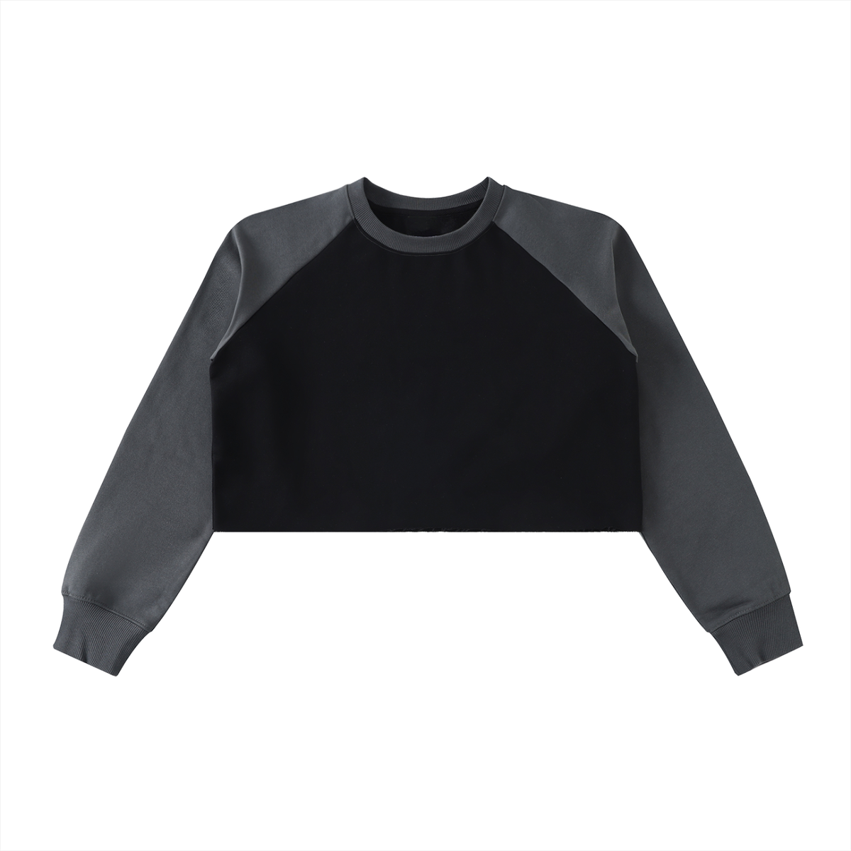 A black and dark gray long-sleeve crop sweatshirt with 'TREV' printed in white on the chest, displayed flat against a solid white background.