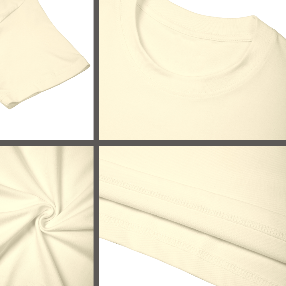 A four-panel close-up collage of a cream-colored cotton t-shirt, showing the sleeve, crew neck, fabric drape, and hem stitching.