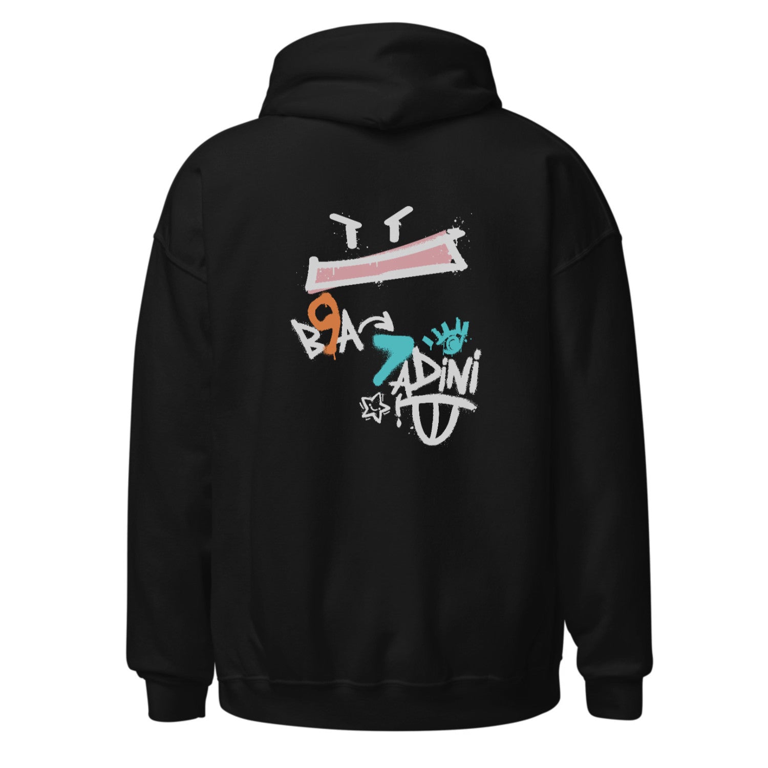 Black hoodie with colorful graphics on the back against a white background