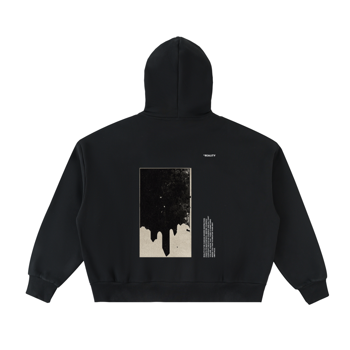 A black pullover hoodie shown from the back, featuring a large rectangular graphic print with a dripping ink design in black and beige, alongside small white text, on a plain white background.
