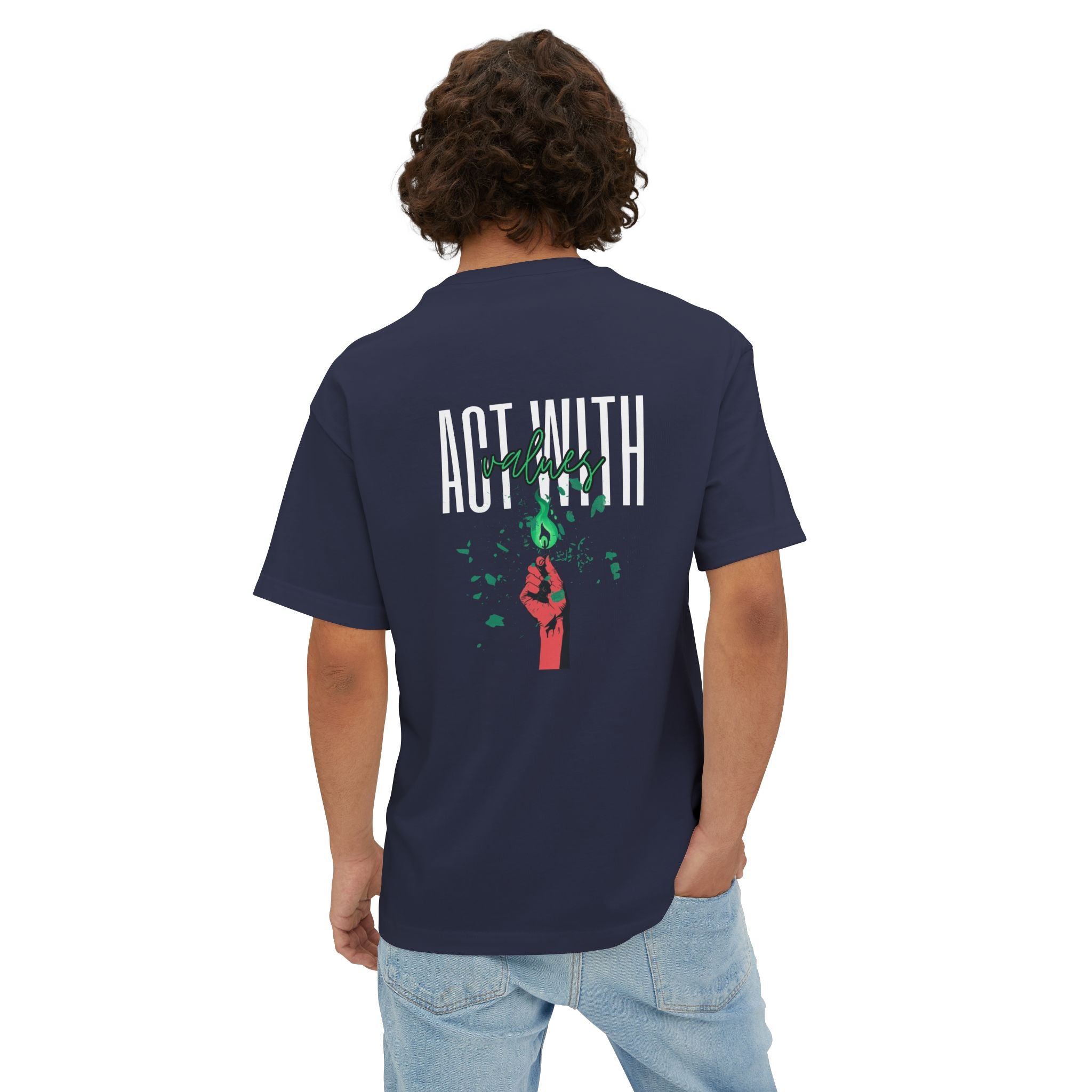 Person wearing a navy blue t-shirt with 'Act With Action' text and graphic on the back.