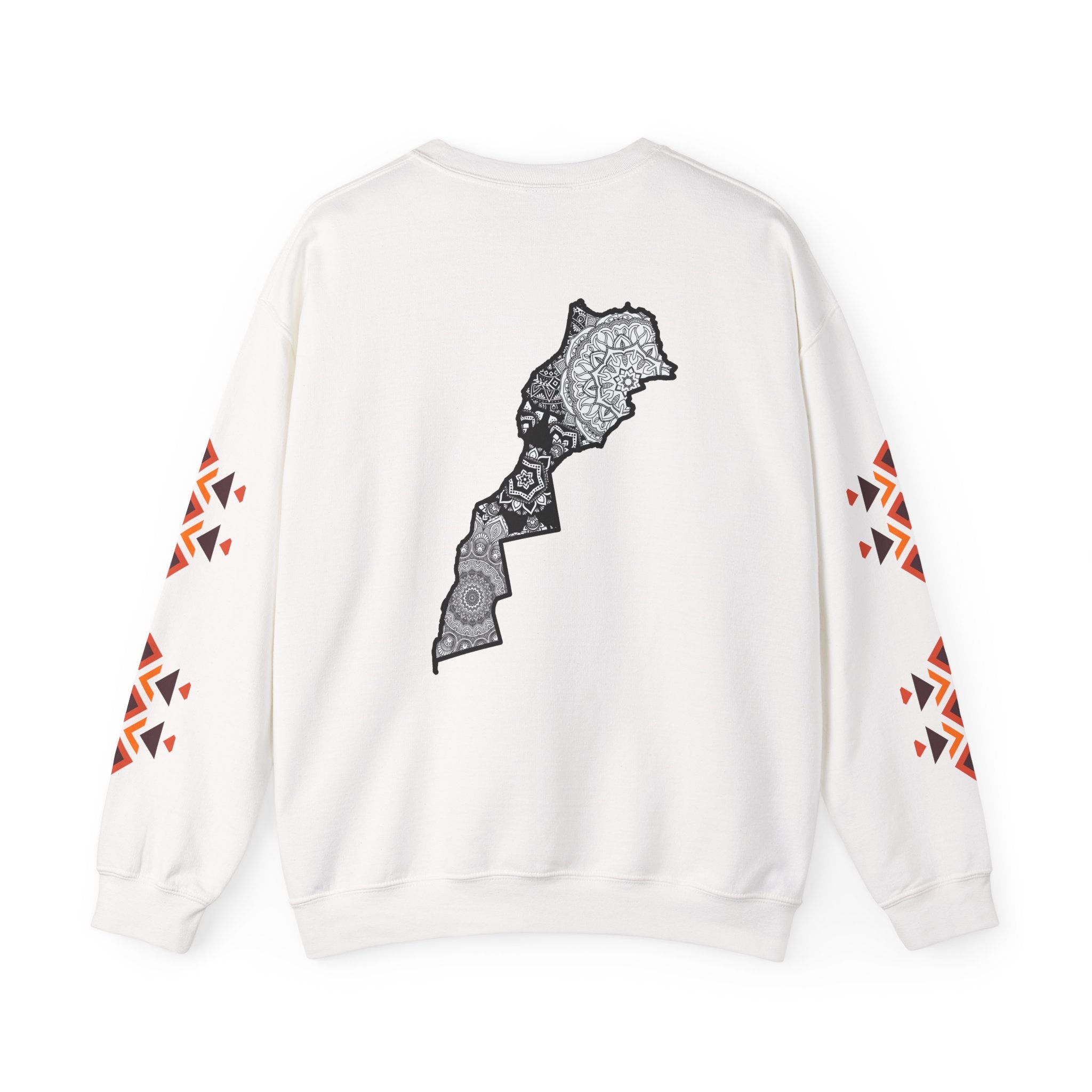 White sweatshirt with geometric patterns on sleeves and a black mandala design on the back against a white background