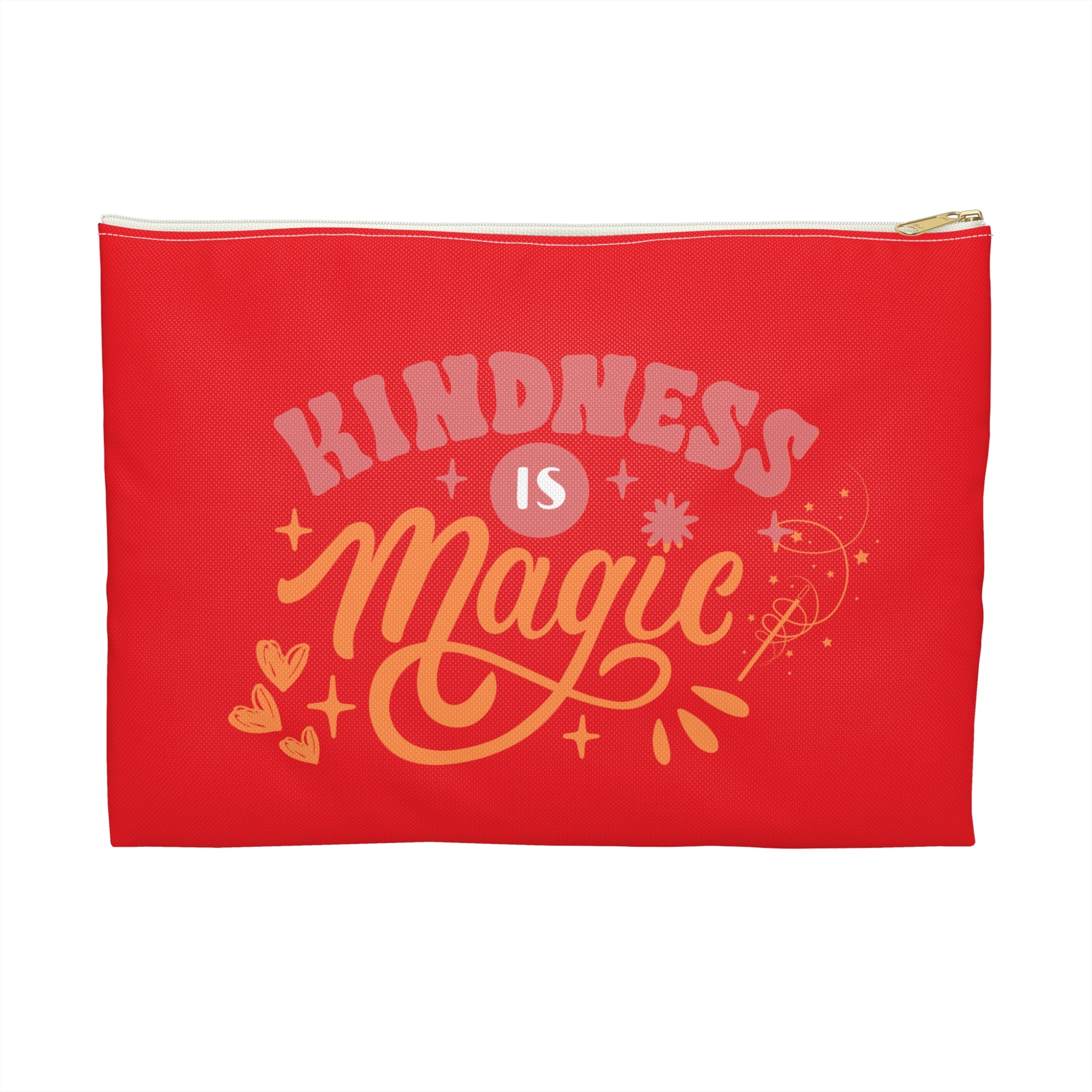 Red pouch with 'Kindness is Magic' text on a white background