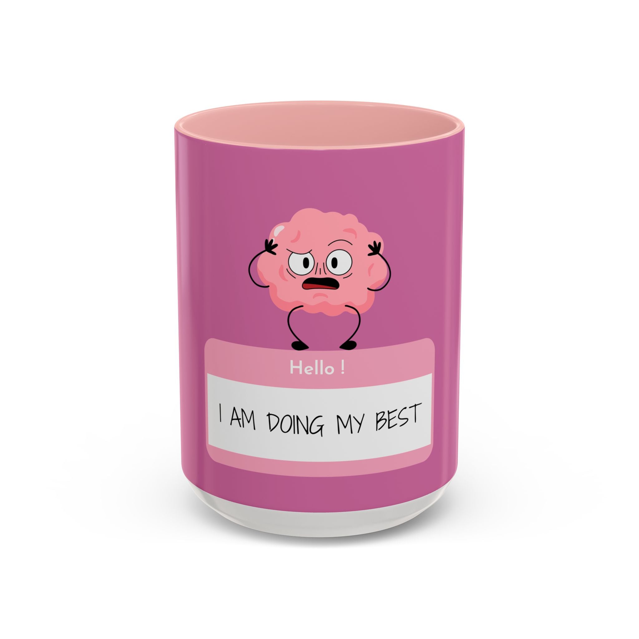 Pink tumbler with cartoon brain design and text on a white background