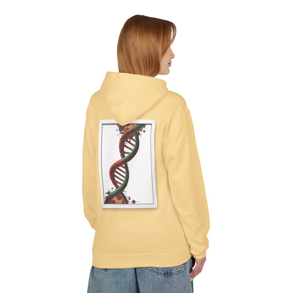 Person wearing a yellow hoodie with a DNA design on the back, standing against a white background Moroccan DNA