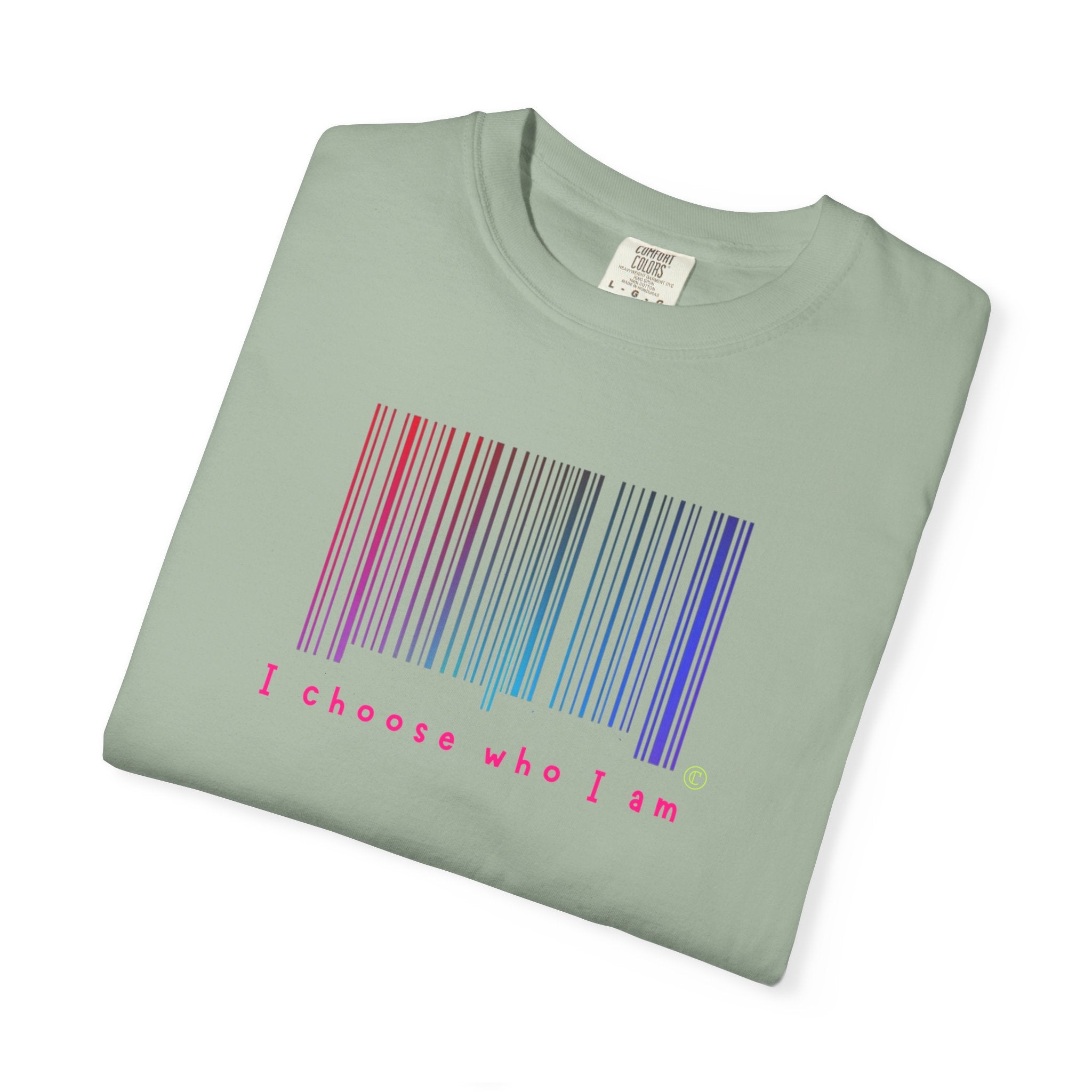 Folded light green t-shirt with a colorful barcode and text on a white background