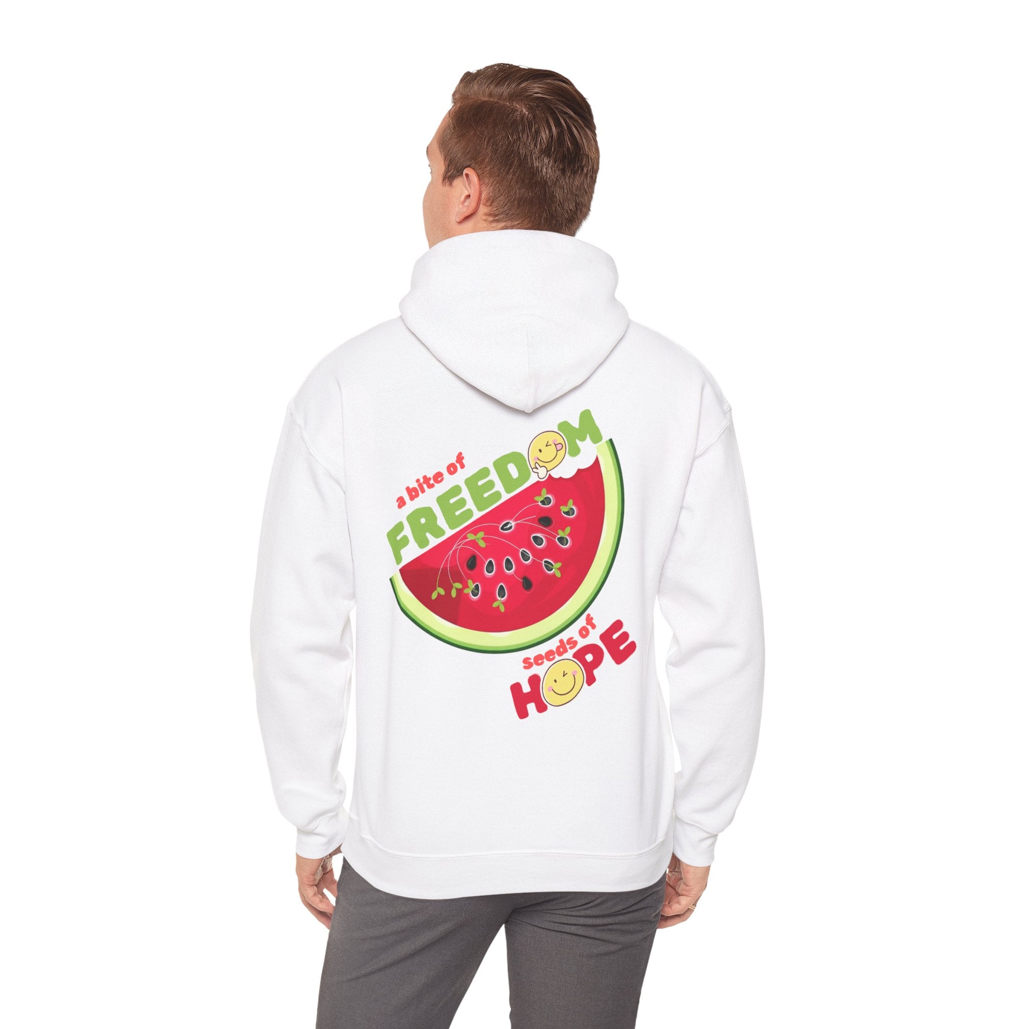 Person wearing a white hoodie with a watermelon design and text on the back