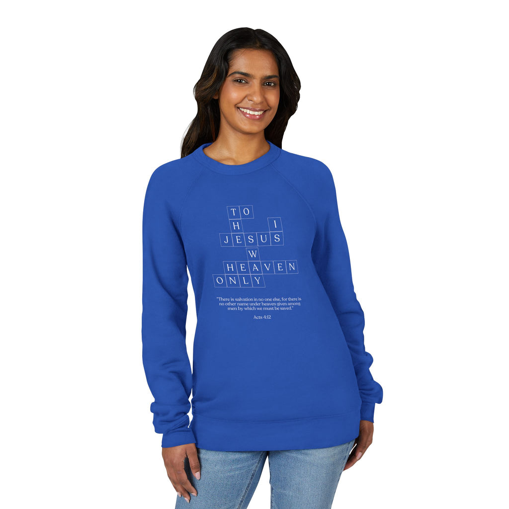 Woman wearing a blue sweatshirt with text jesus christ design on a white background