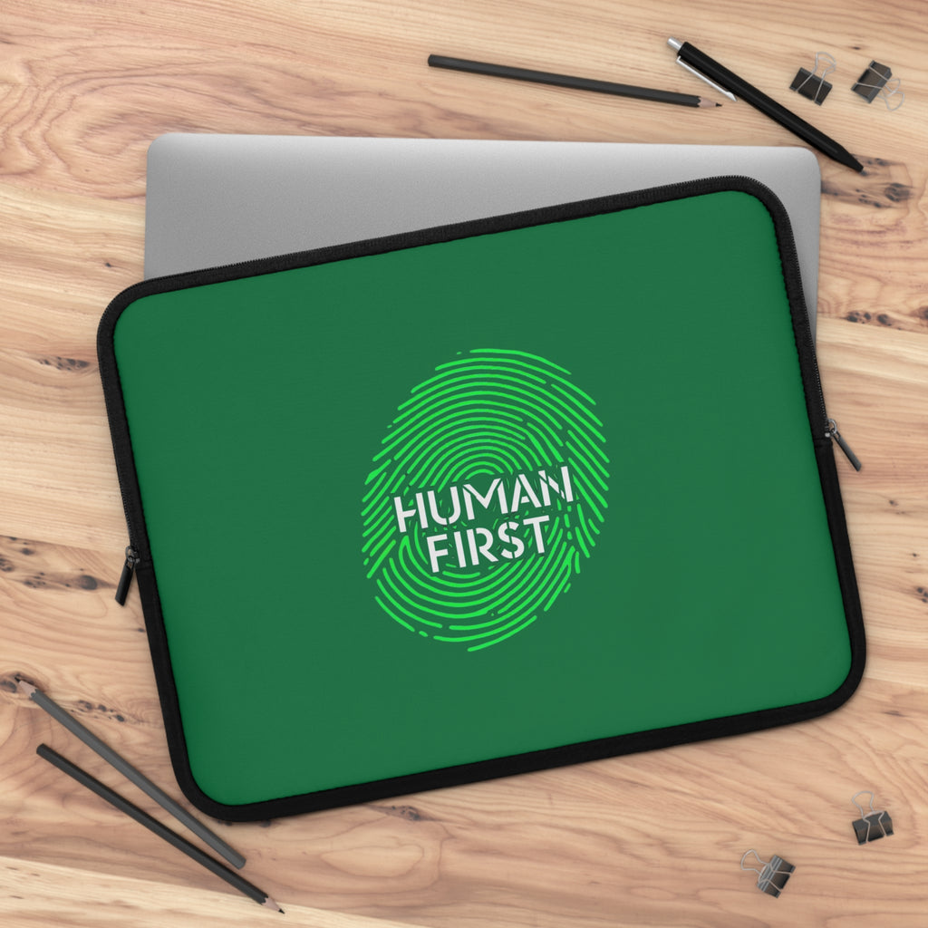 Human First Laptop Sleeve - Stylish Tech Case, Eco-Friendly Accessory, Gift for Students, Minimalist Computer Sleeve, Green Thumb Design