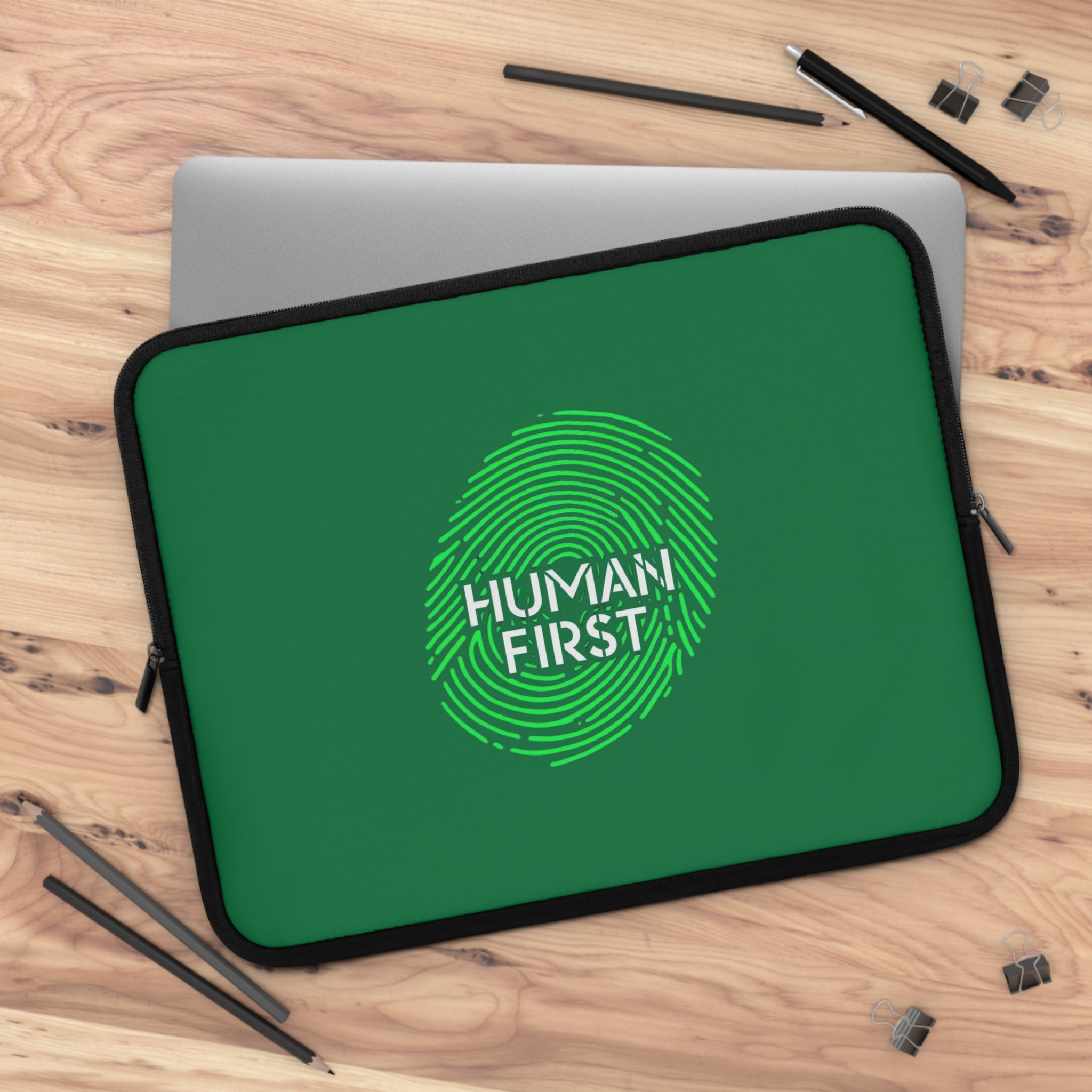 Human First Laptop Sleeve - Stylish Tech Case, Eco-Friendly Accessory, Gift for Students, Minimalist Computer Sleeve, Green Thumb Design
