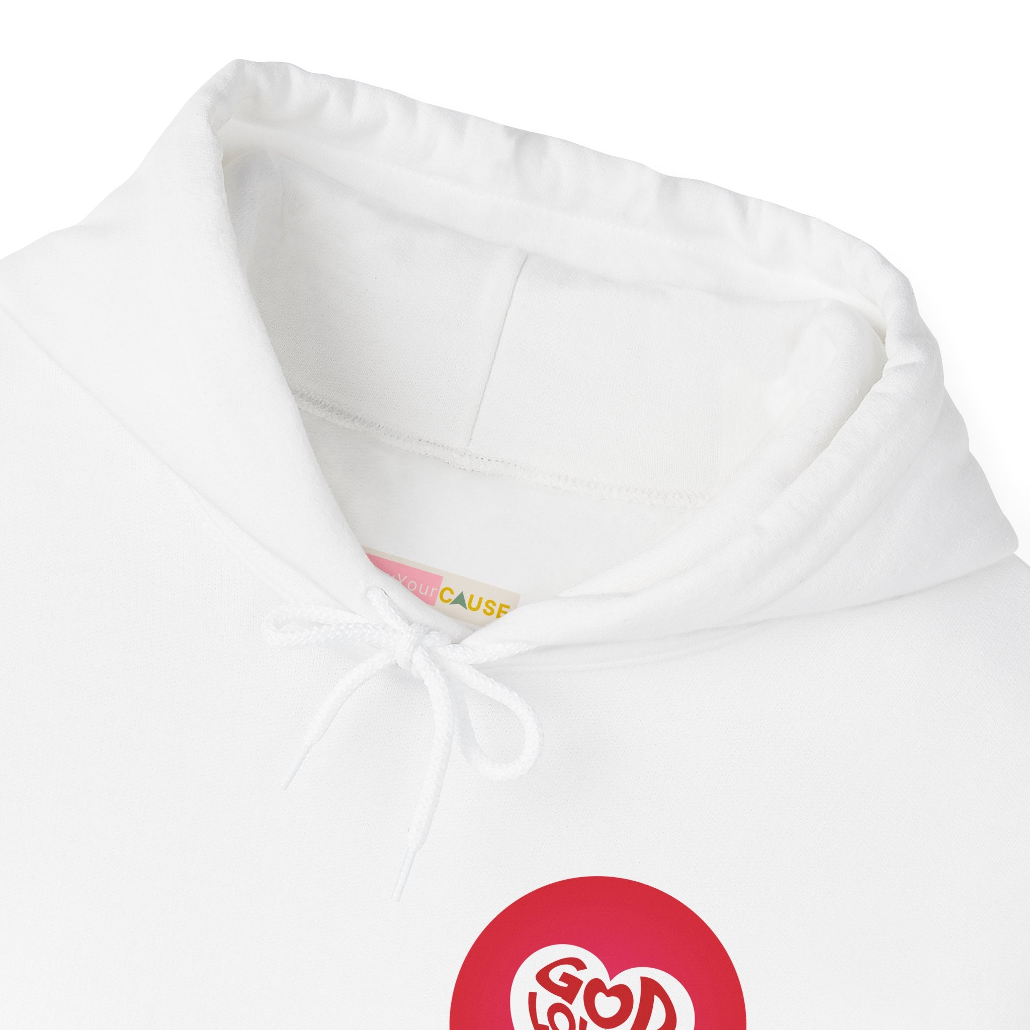 White hoodie with a red logo on a white background
