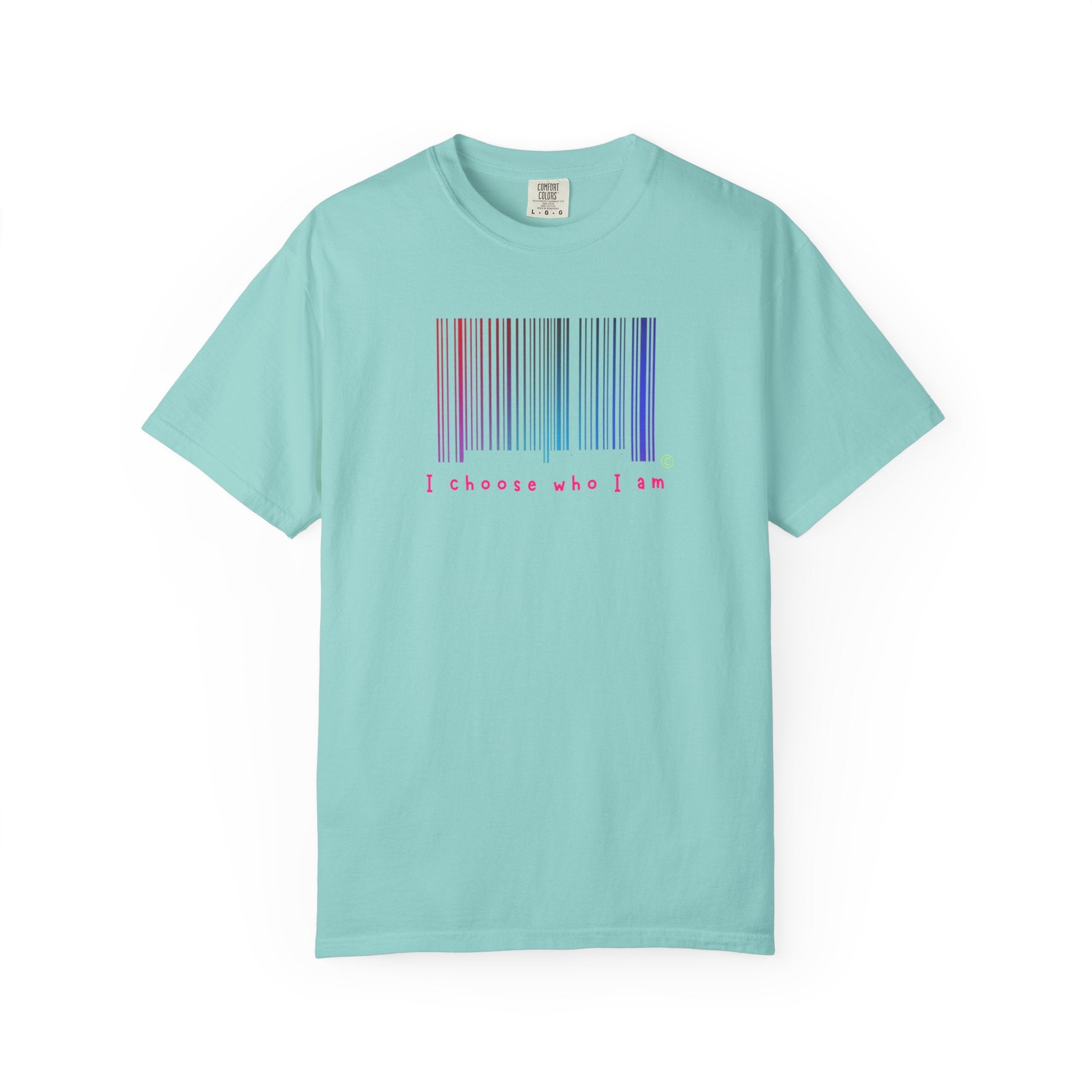 Light blue t-shirt with a barcode design and text on a white background