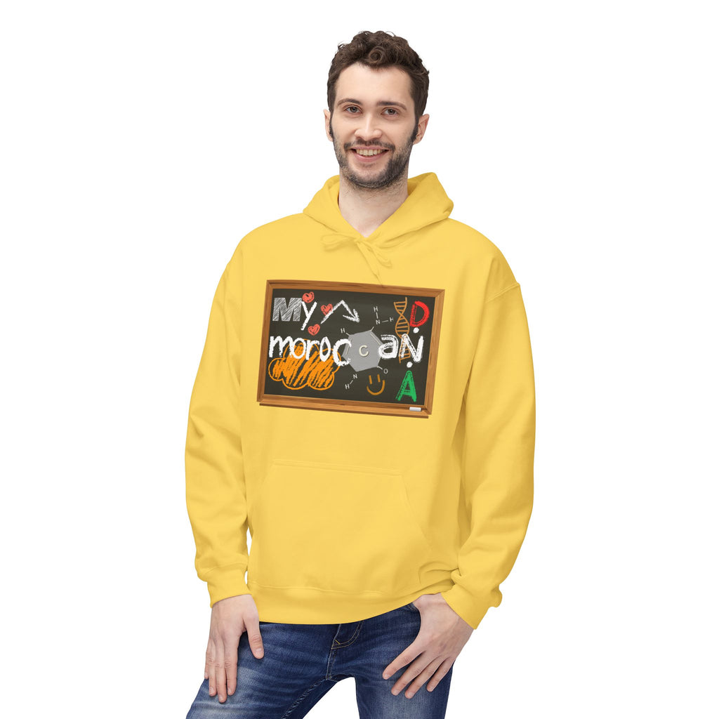Man wearing a yellow hoodie with a graphic design on a white background