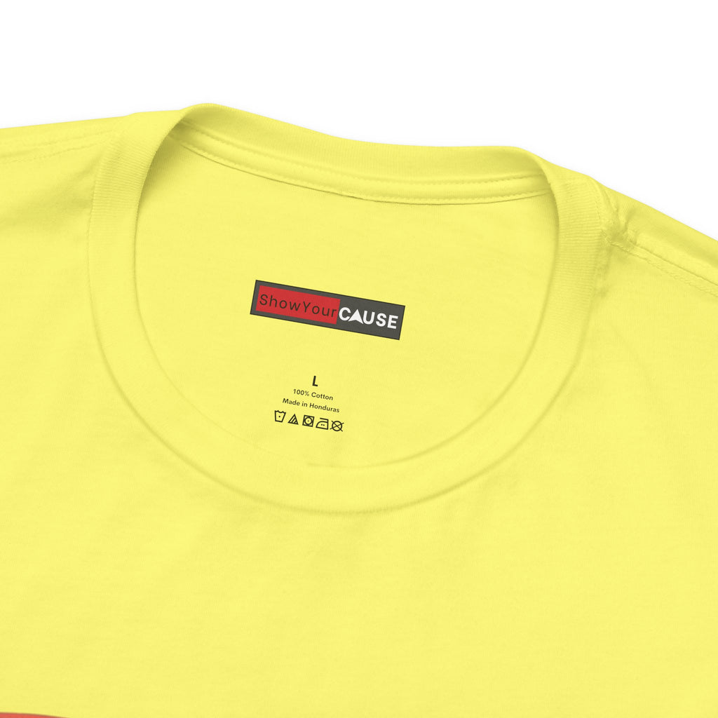 Yellow t-shirt with a visible brand label on a white background