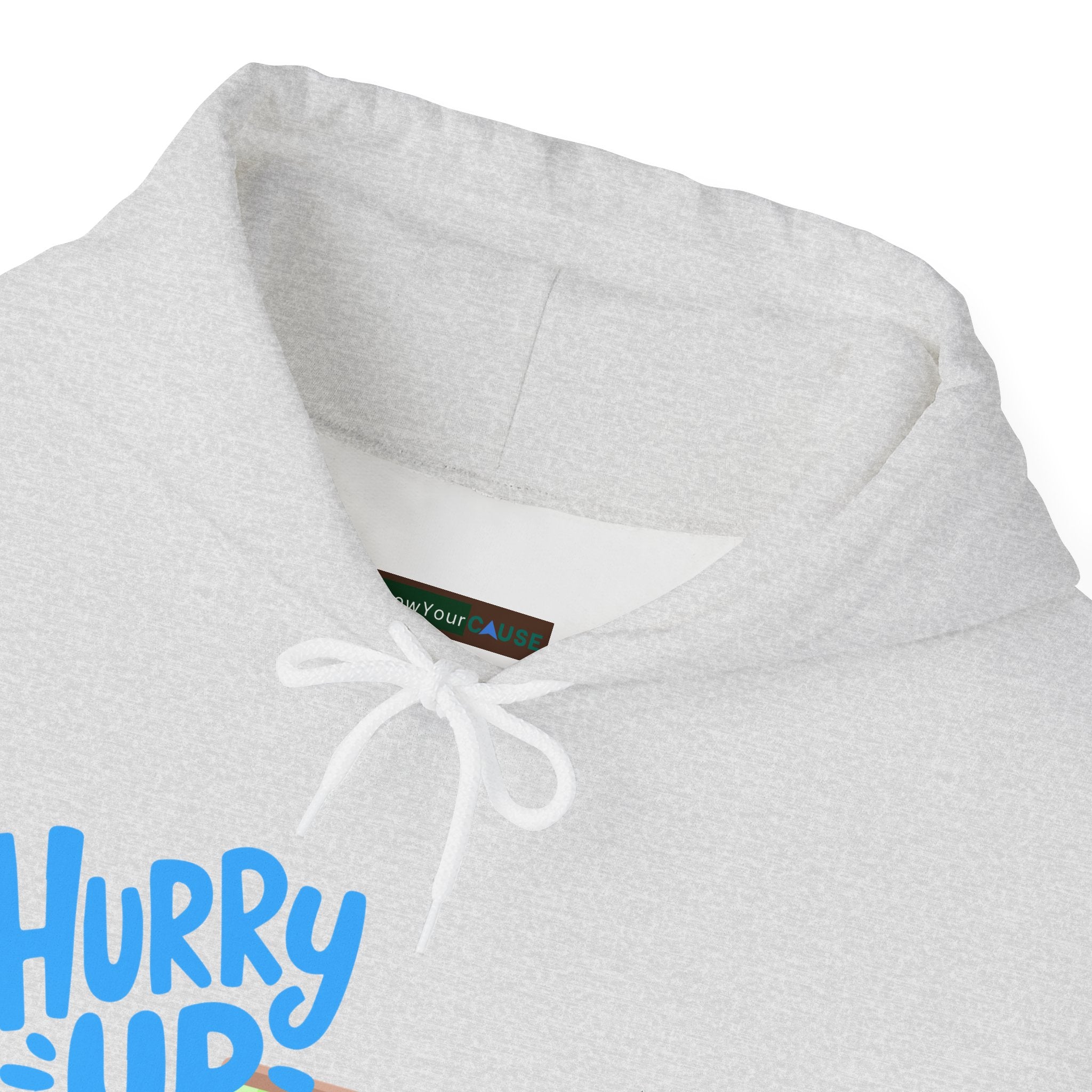Gray hoodie with white drawstrings and a blue logo on a white background