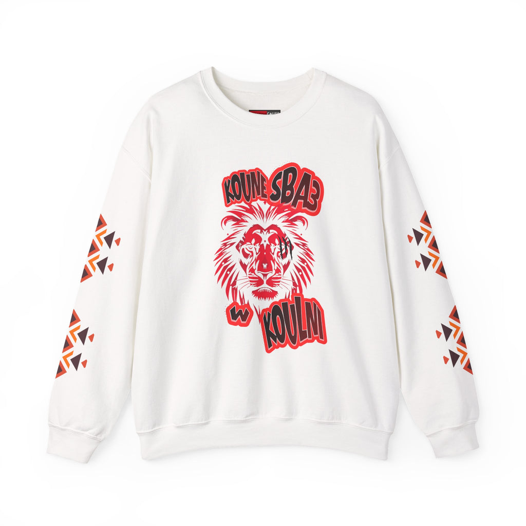 White sweatshirt with red tiger graphic and geometric patterns on sleeves against a white background
