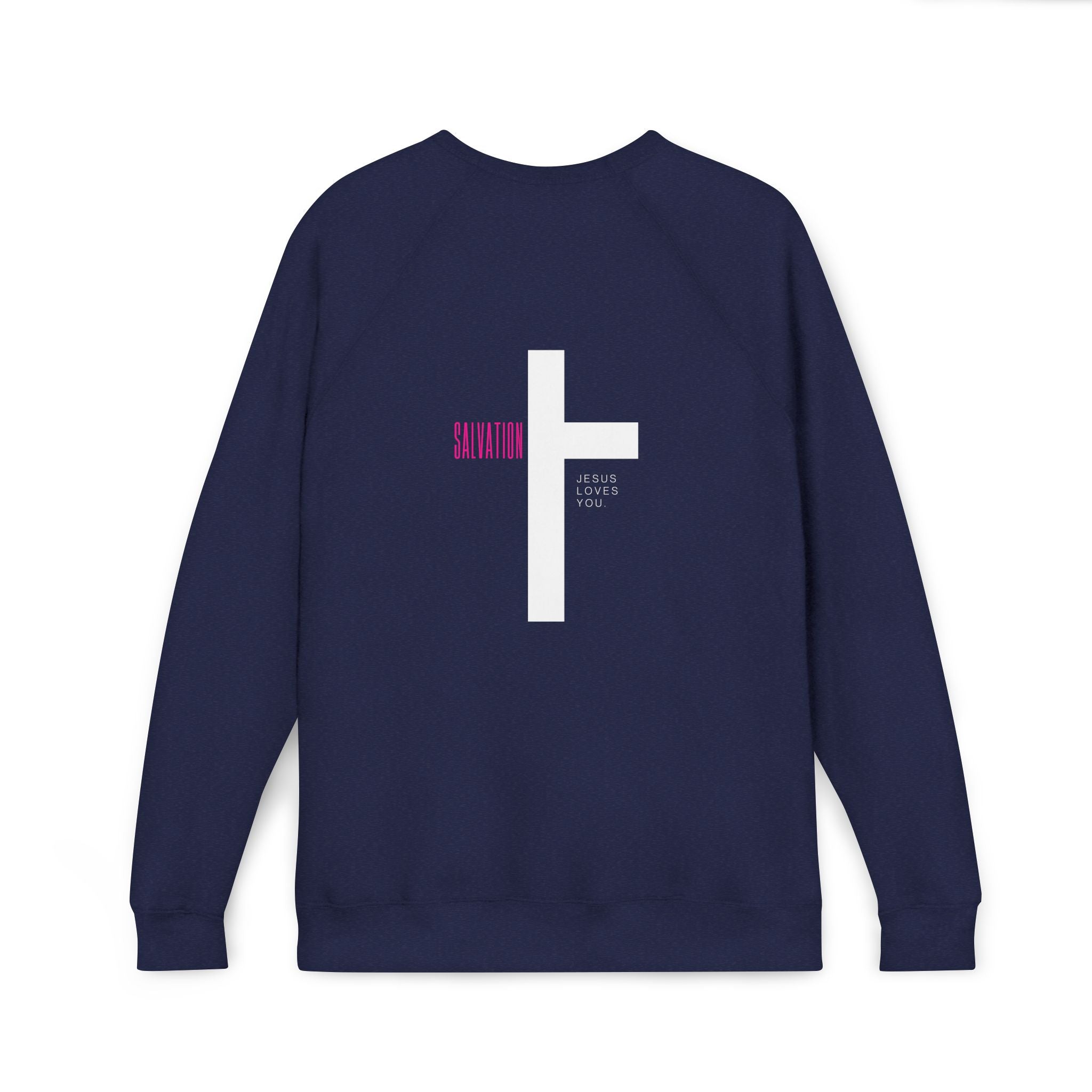 Navy blue sweatshirt with a white cross christian and text on the back against a white background