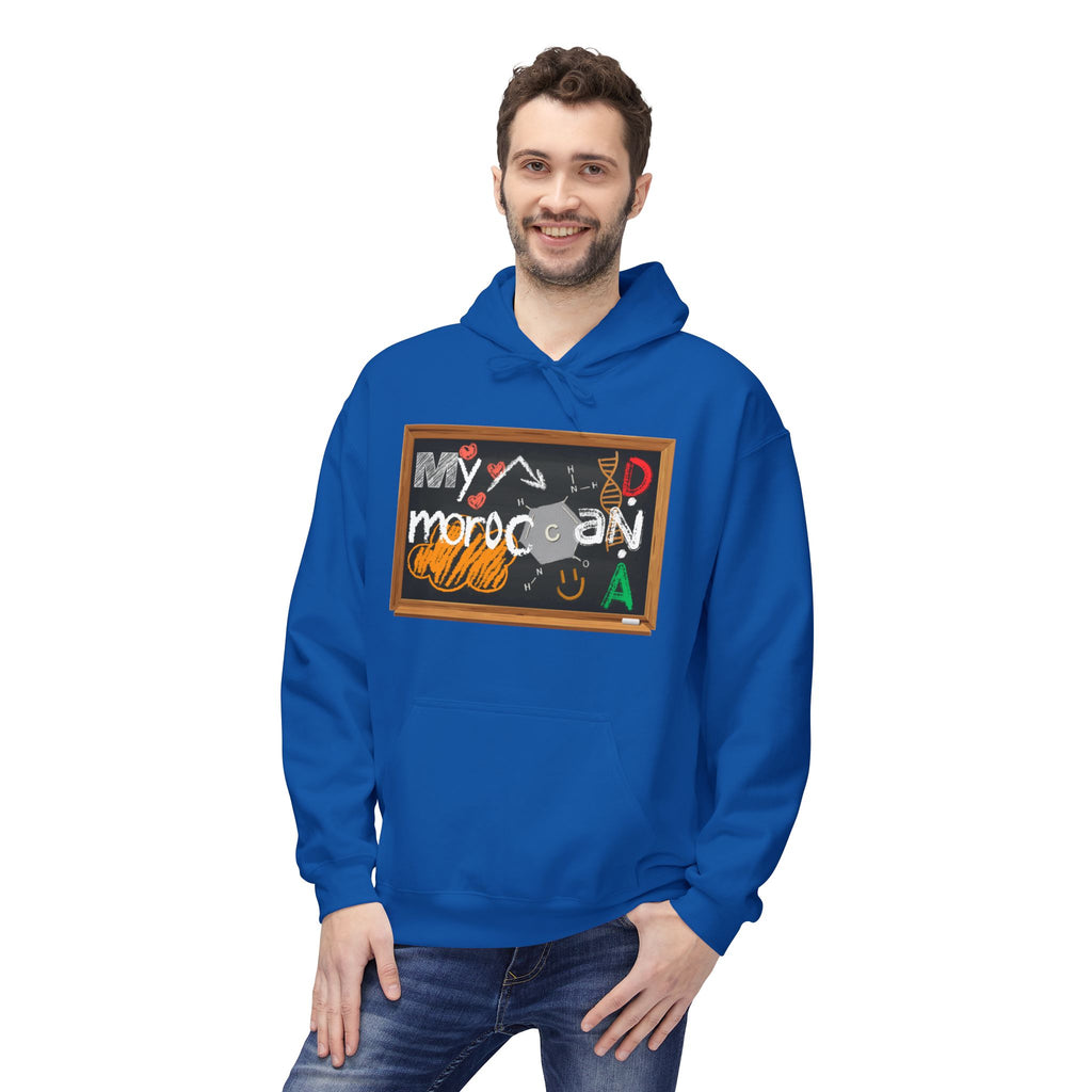 Man wearing a blue hoodie with a colorful graphic design on a white background