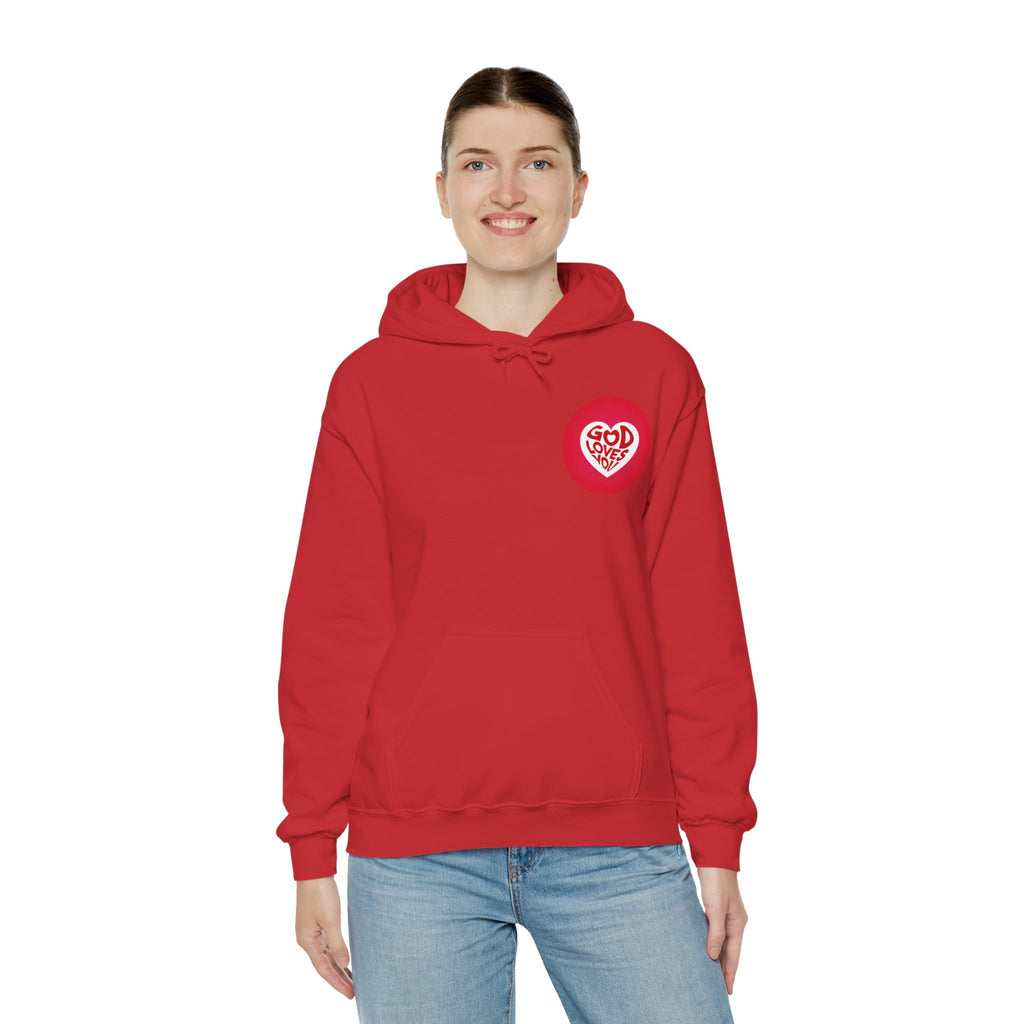 Person wearing a red hoodie with a heart design on a white background