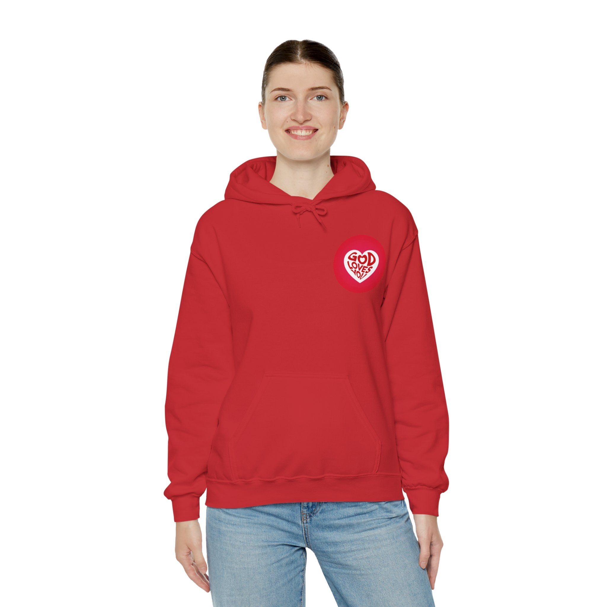 Person wearing a red hoodie with a heart design on a white background