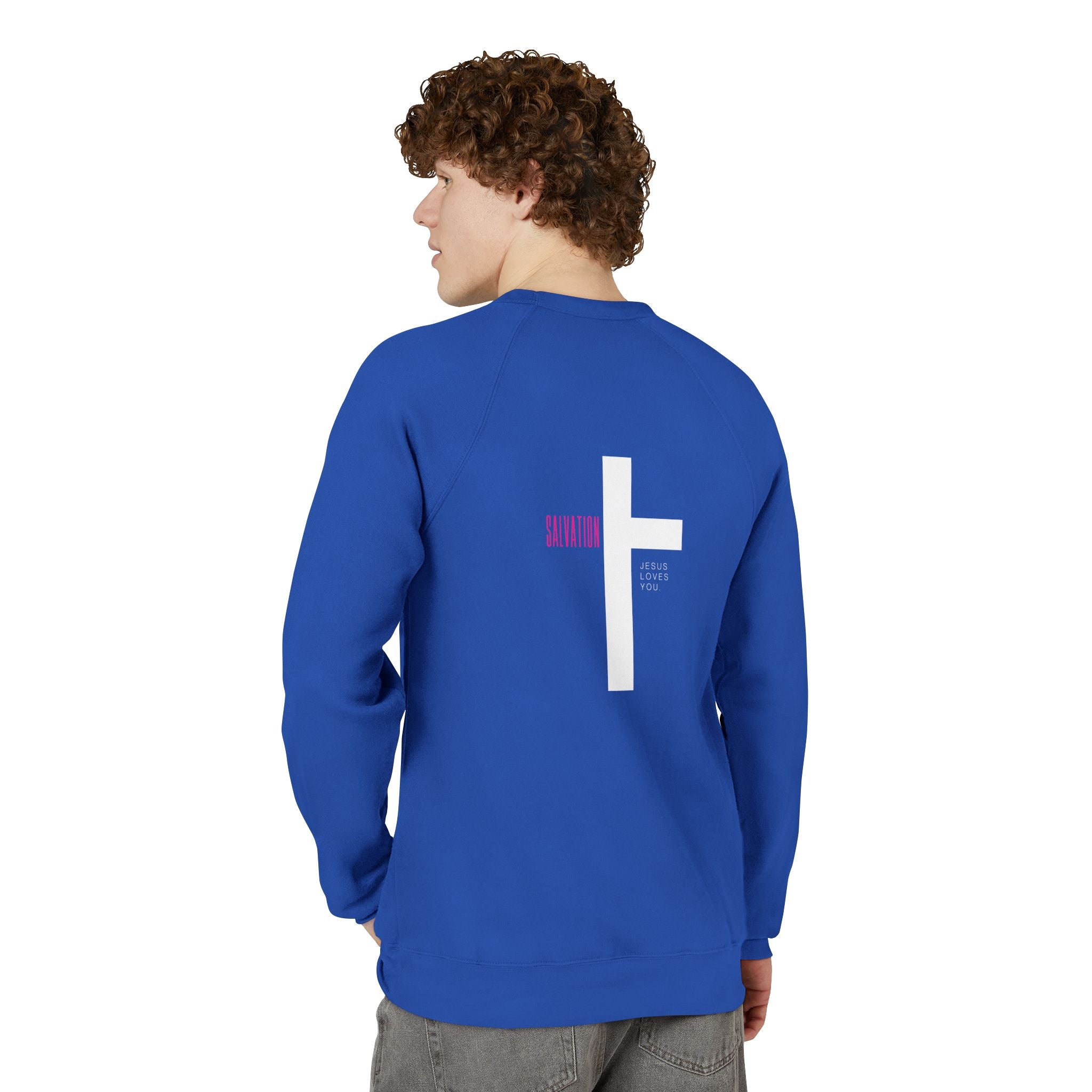Person wearing a blue sweatshirt with a white christian cross design on the back, on a white background