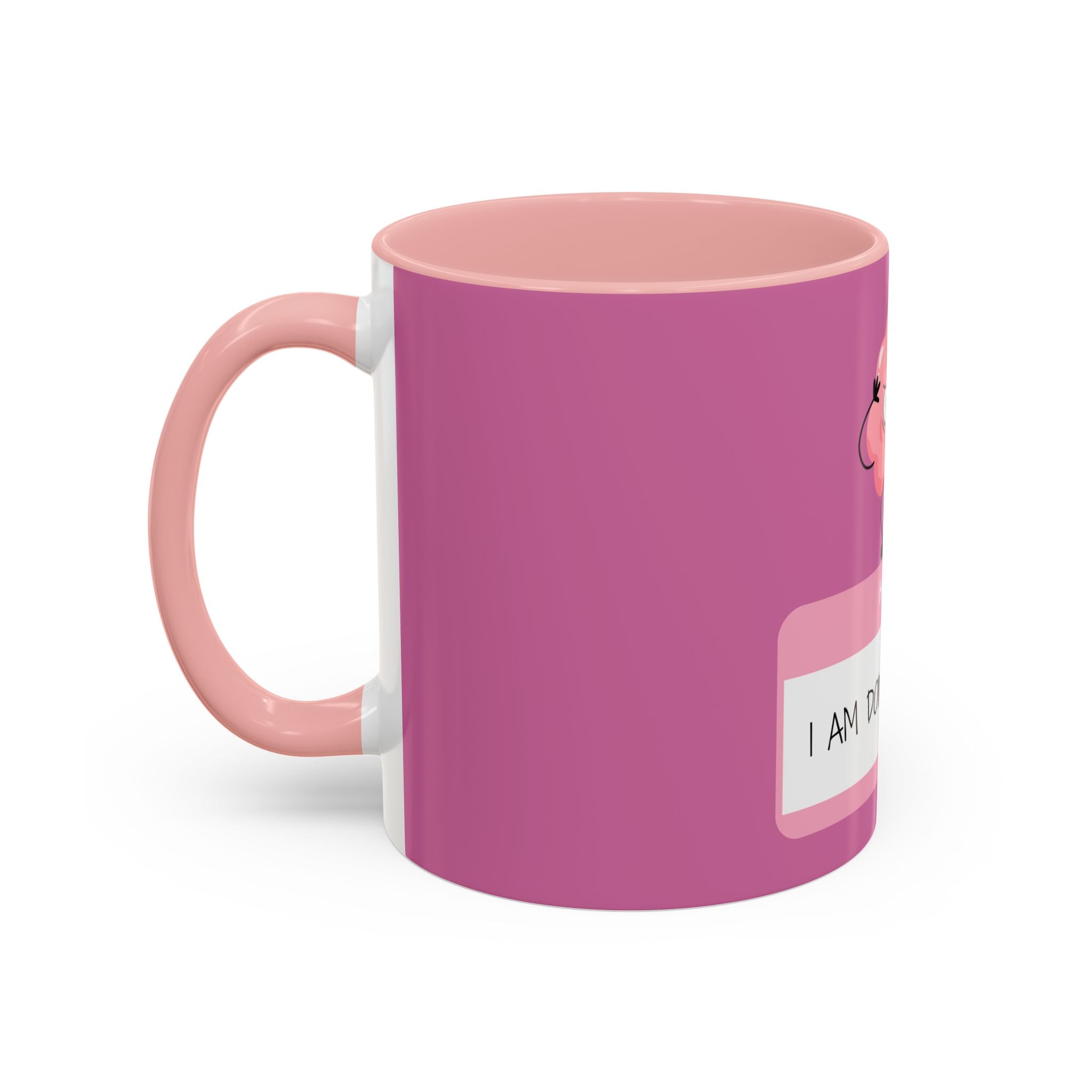 Pink mug with a white label on a white background
