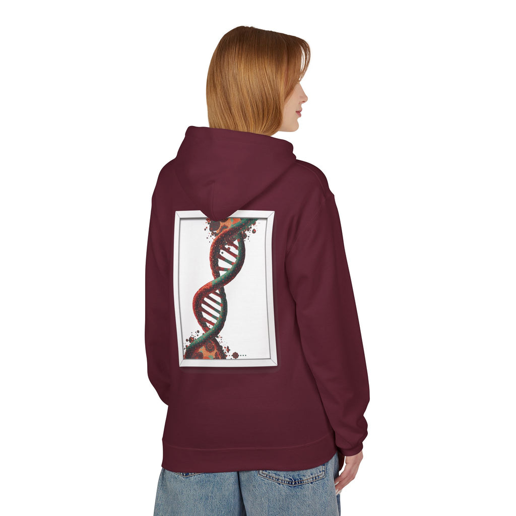 Person wearing a maroon hoodie with a DNA strand design on the back, standing against a white background.