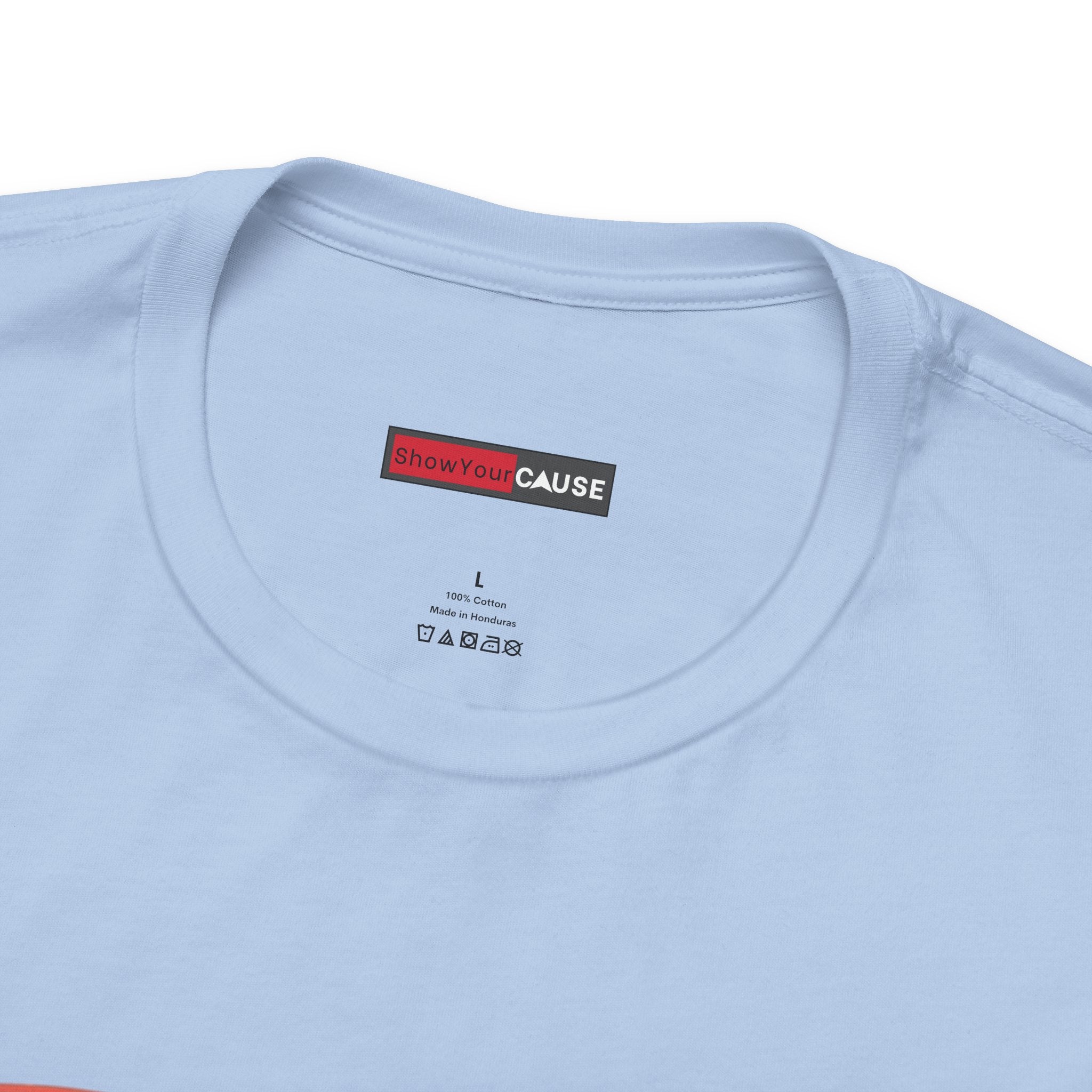 Light blue t-shirt with a label on the collar