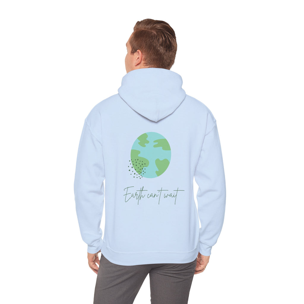 Light blue hoodie with a globe design and text on the back, worn by a person.