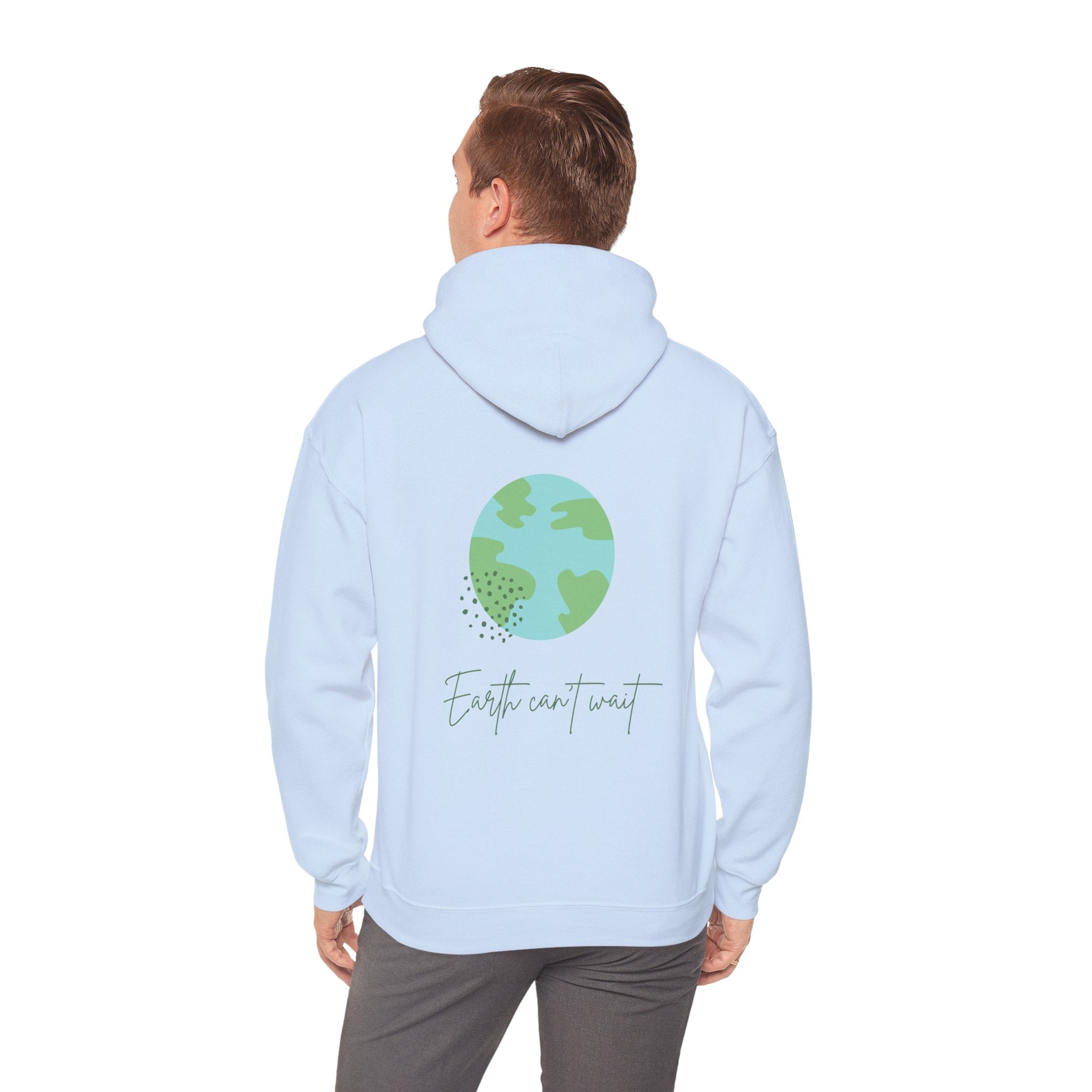 Light blue hoodie with a globe design and text on the back, worn by a person.