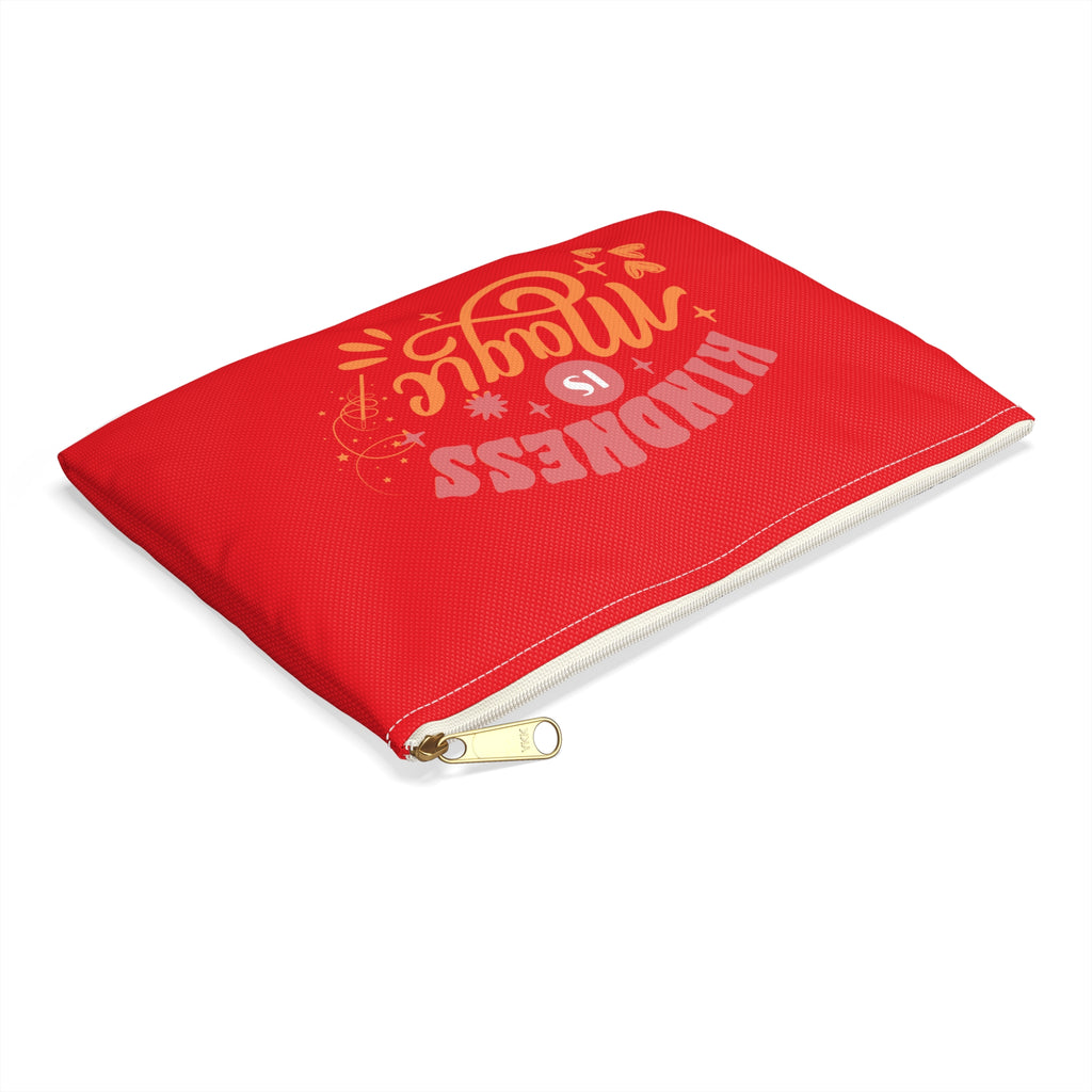 Red pouch with yellow and white text on a white background