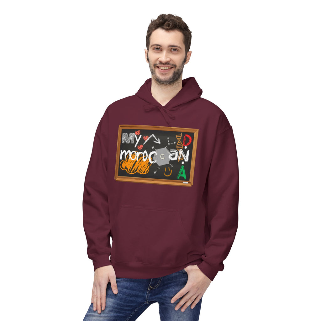 Man wearing a maroon hoodie with a graphic design on a white Moroccan DNAbackground