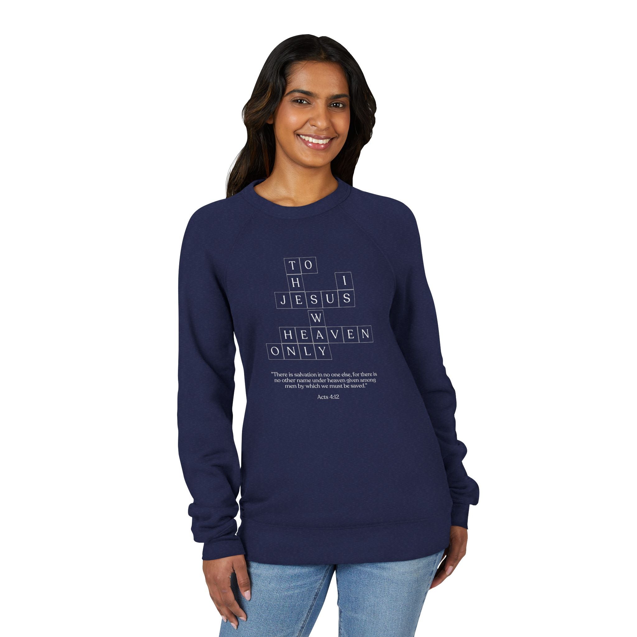 Woman wearing a navy blue sweatshirt with text design on a white background