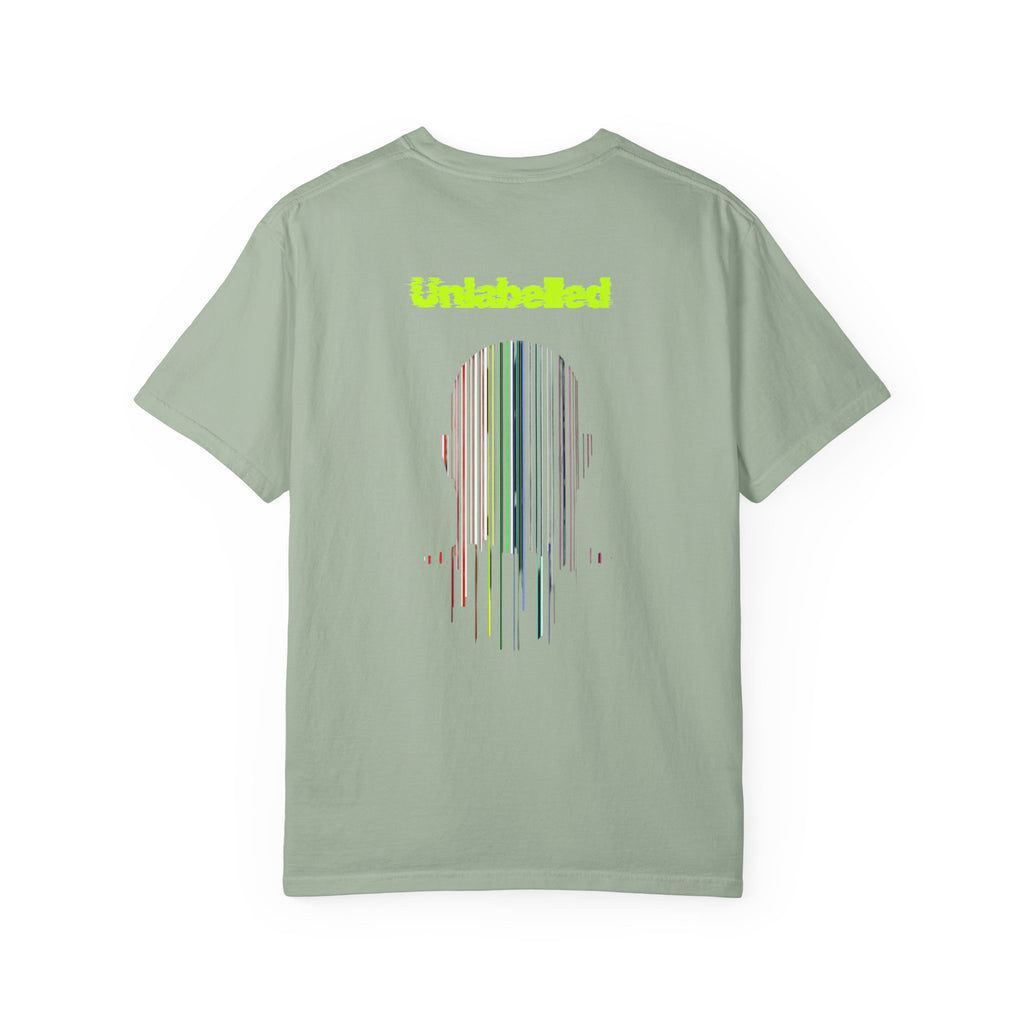 Light green t-shirt with 'Unlabelled' text on the back against a white background
