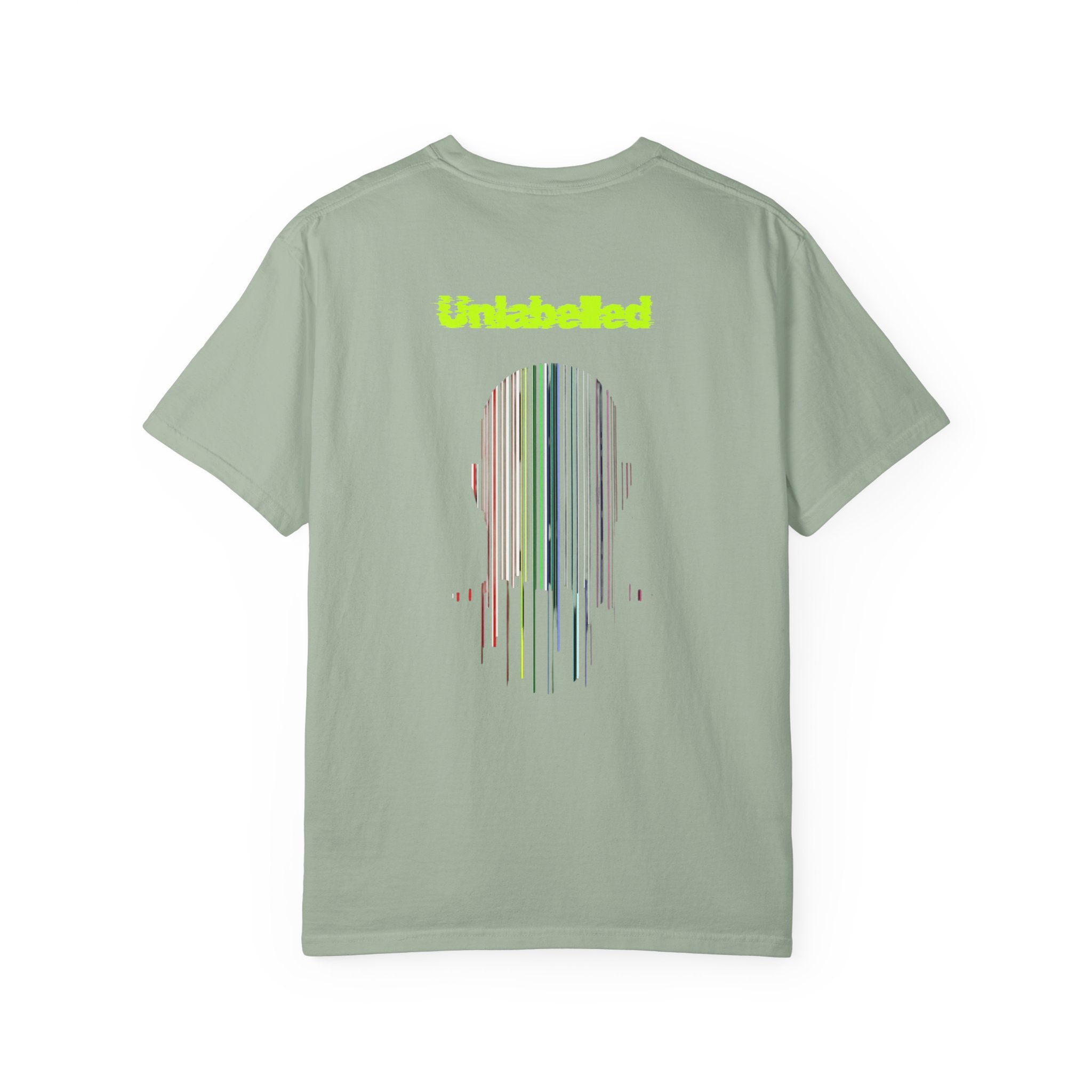 Light green t-shirt with 'Unlabelled' text on the back against a white background