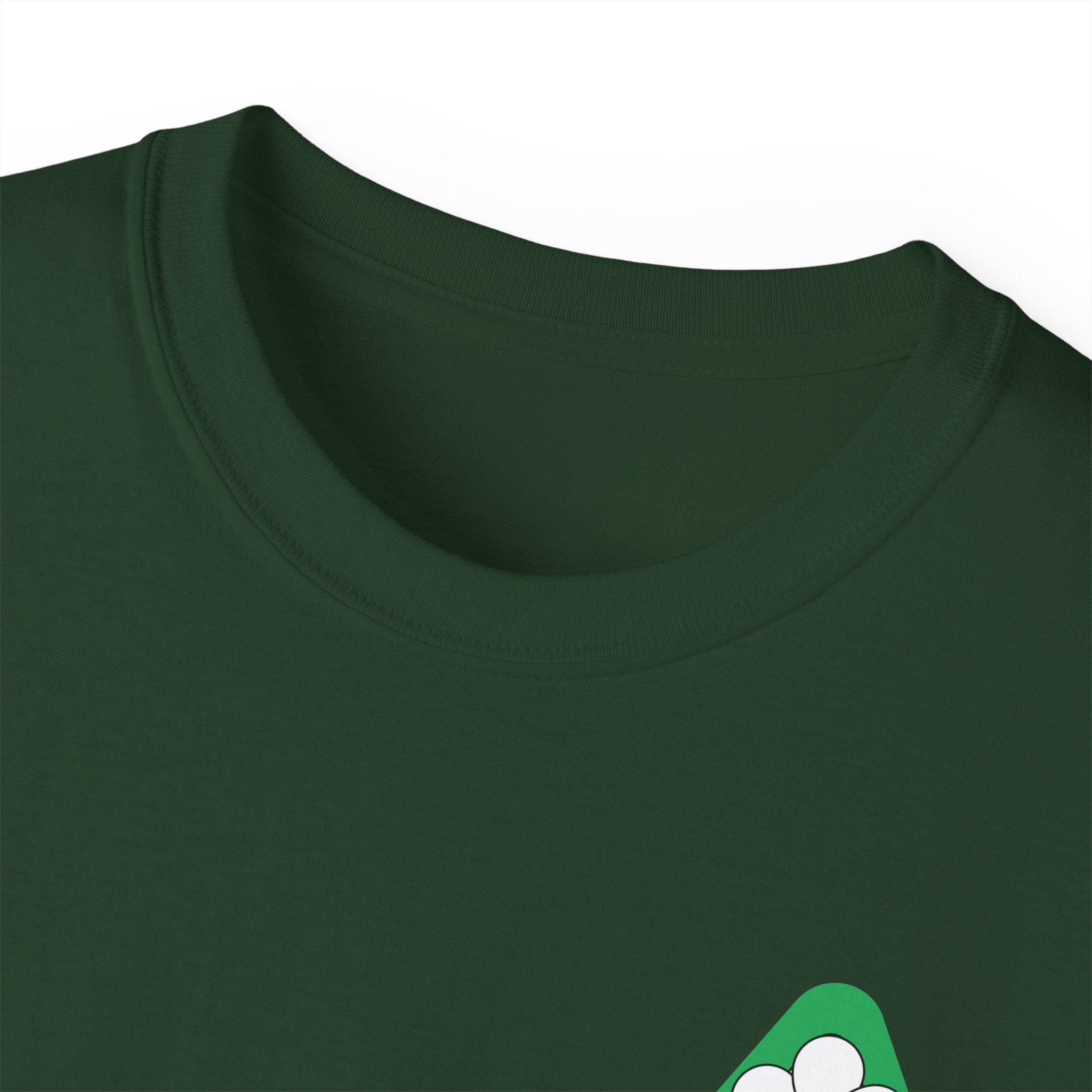 Close-up of a green t-shirt with a small logo on a white background