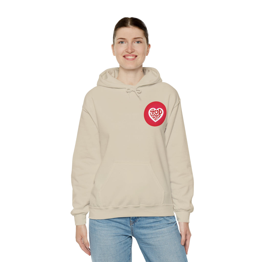 Person wearing a beige hoodie with a red logo on a white background
