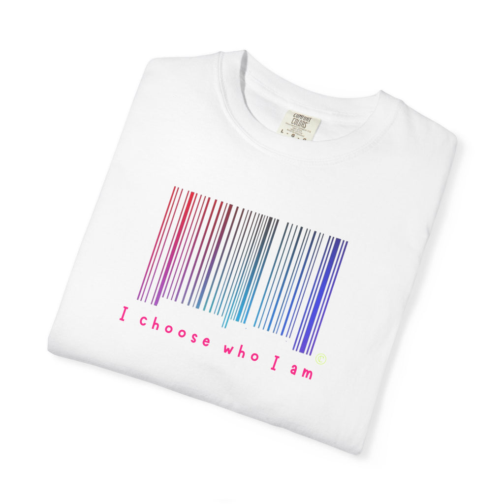 White t-shirt with a rainbow barcode and 'I choose who I am' text on a white background