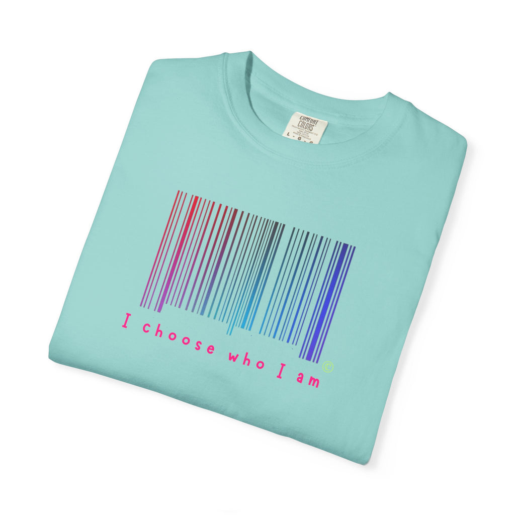 Folded light blue t-shirt with barcode design and text on a white background