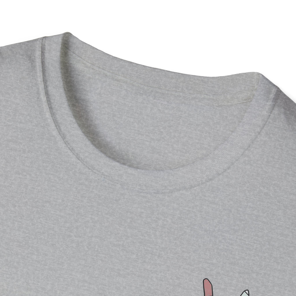 Close-up of a gray shirt with a small logo on a white background