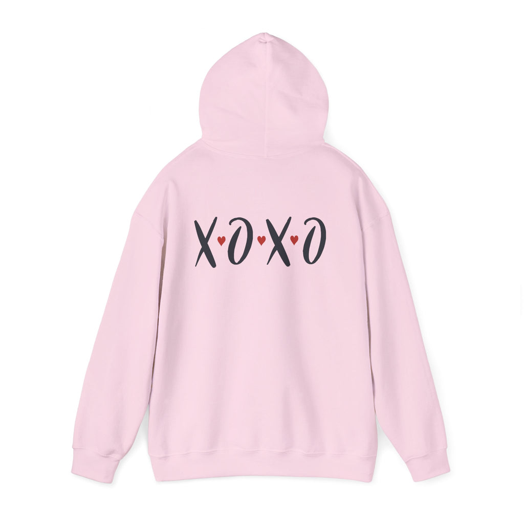 Pink hoodie with 'XOXO' text on a white background