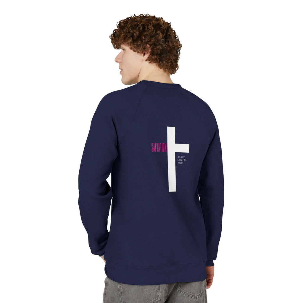 Person wearing a navy blue long-sleeve shirt with a white cross design on the back, on a white background.