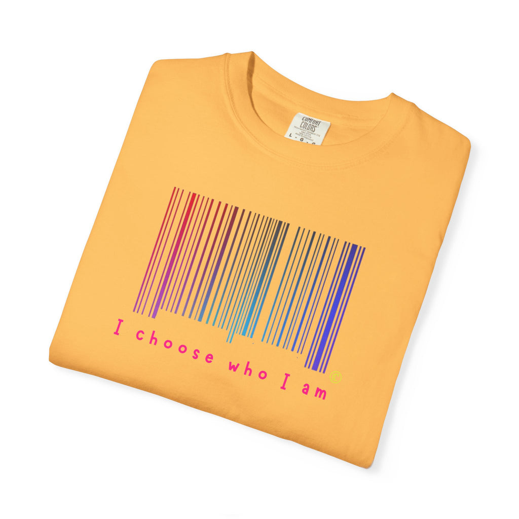 Citrus t-shirt with a rainbow barcode and 'I choose who I am' text on a white background