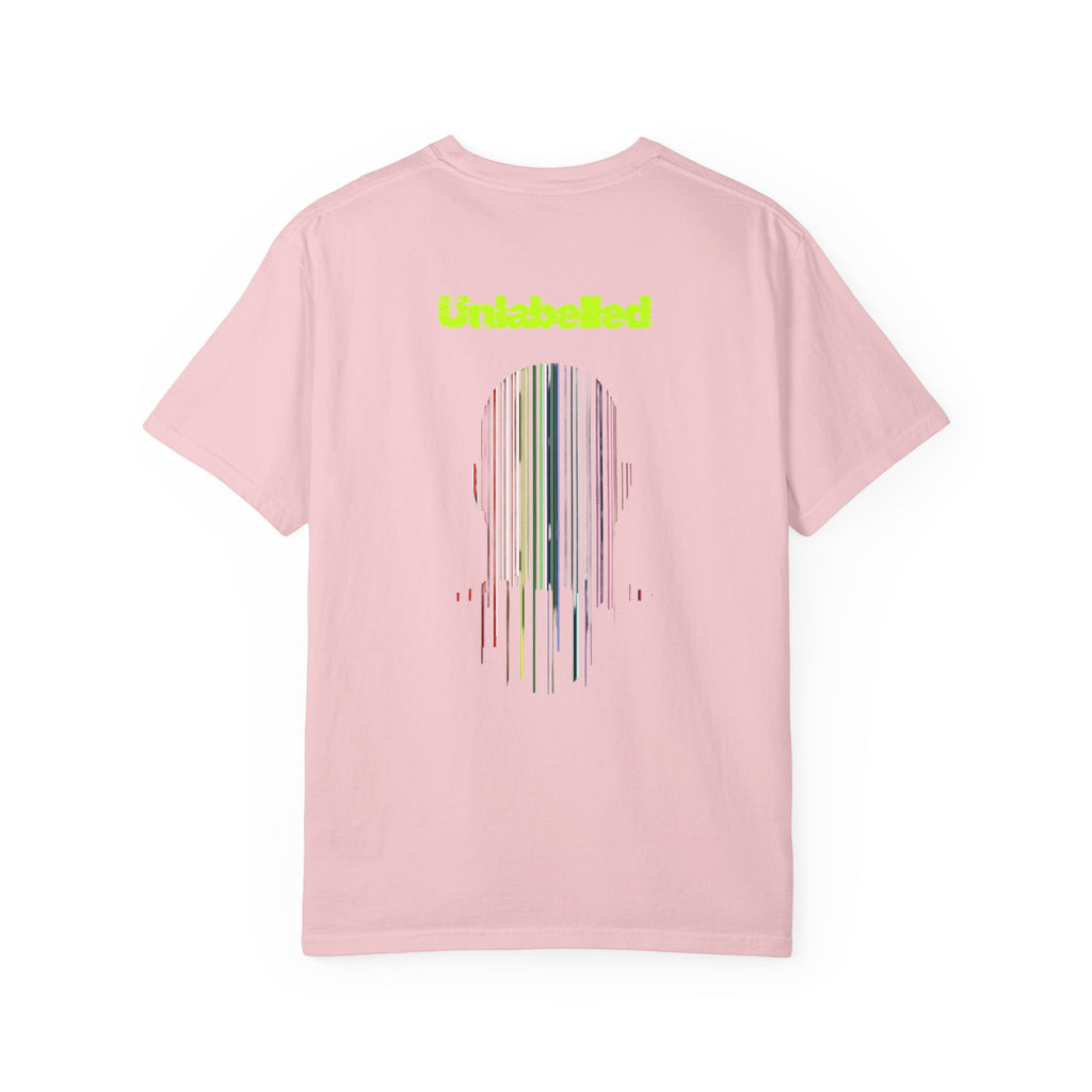 Pink t-shirt with a colorful design and 'Unleashed' text on the back against a white background