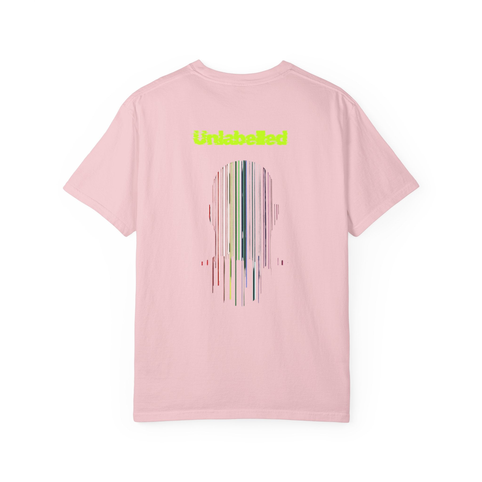Pink t-shirt with a colorful design and 'Unleashed' text on the back against a white background