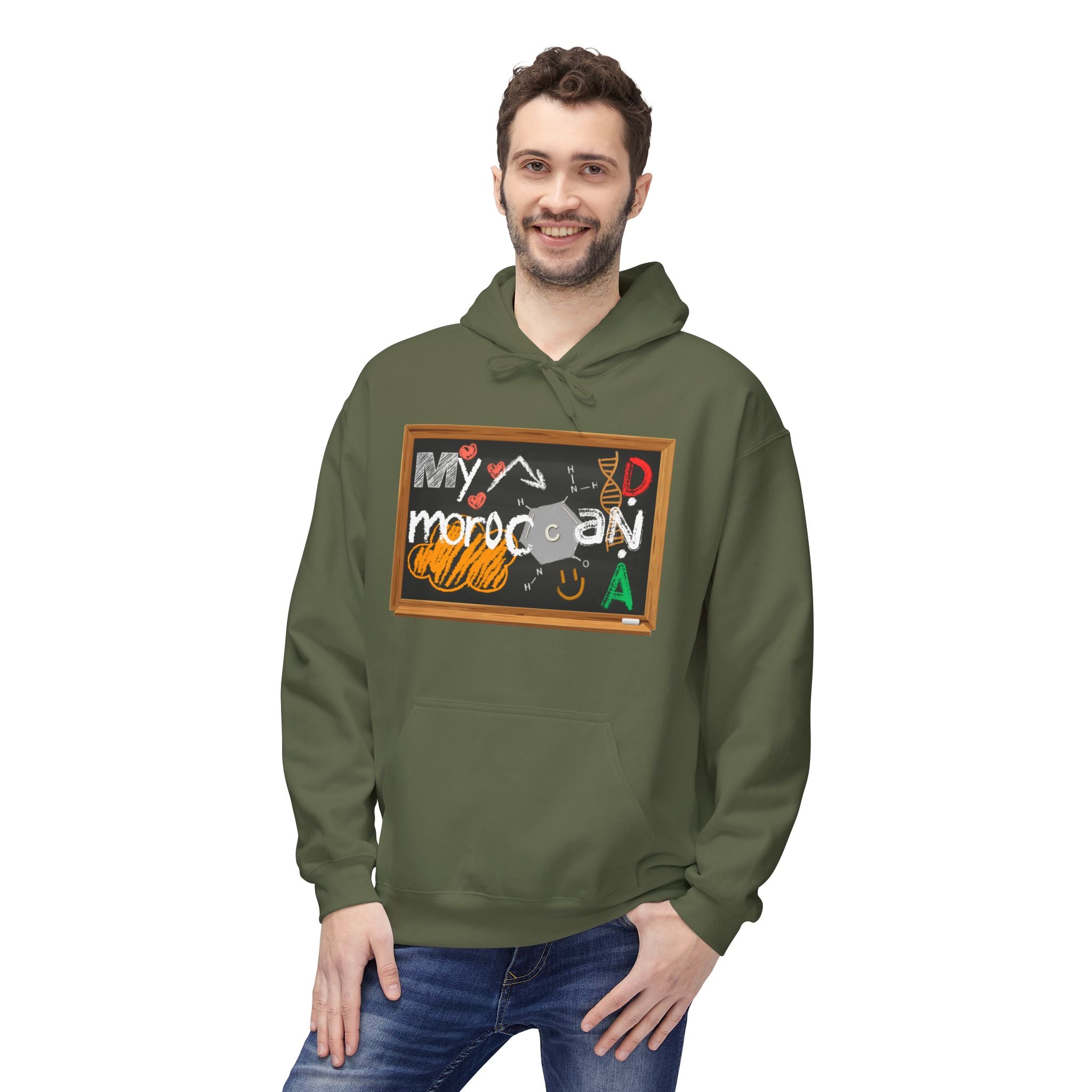 Man wearing a green hoodie with a colorful graphic design on a white background