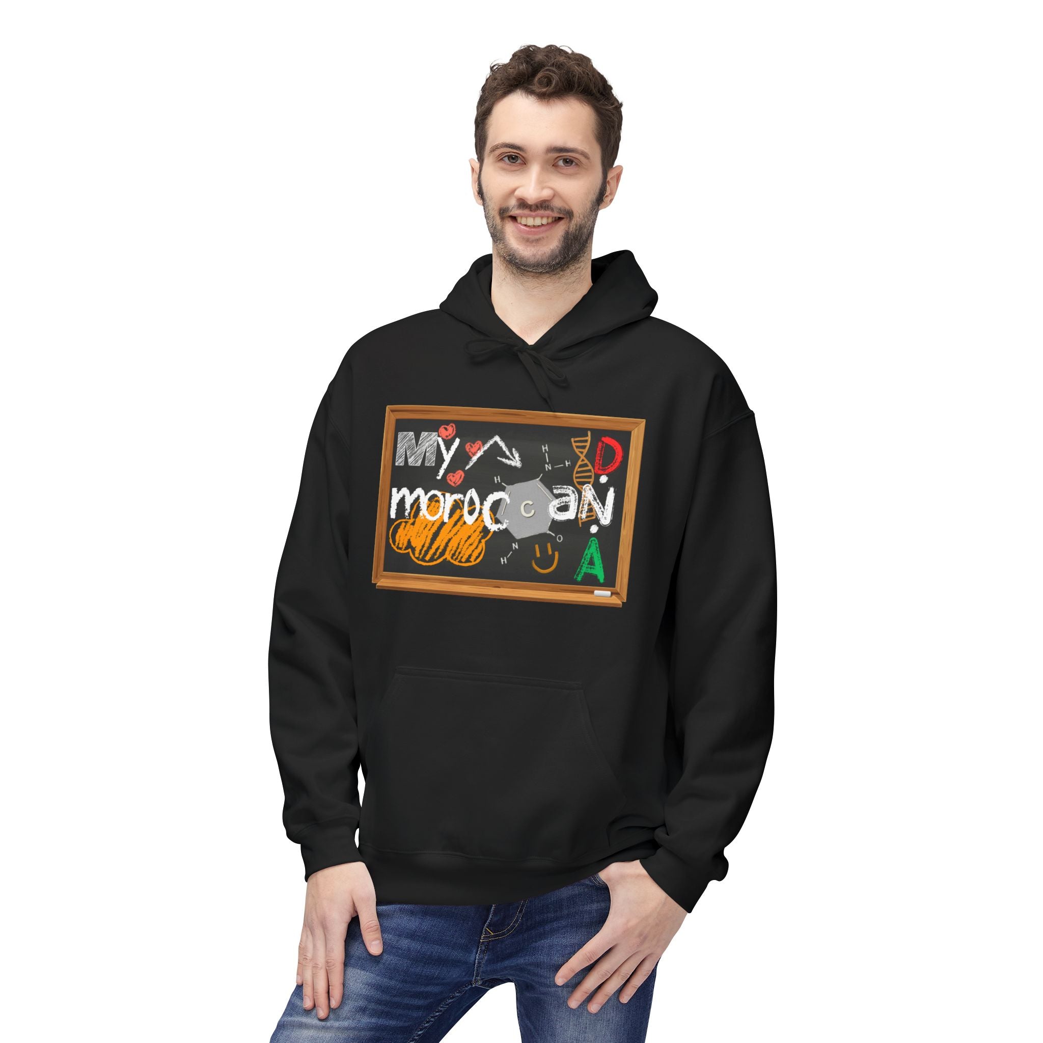 Person wearing a black hoodie with a colorful graphic design on a white background Moroccan DNA