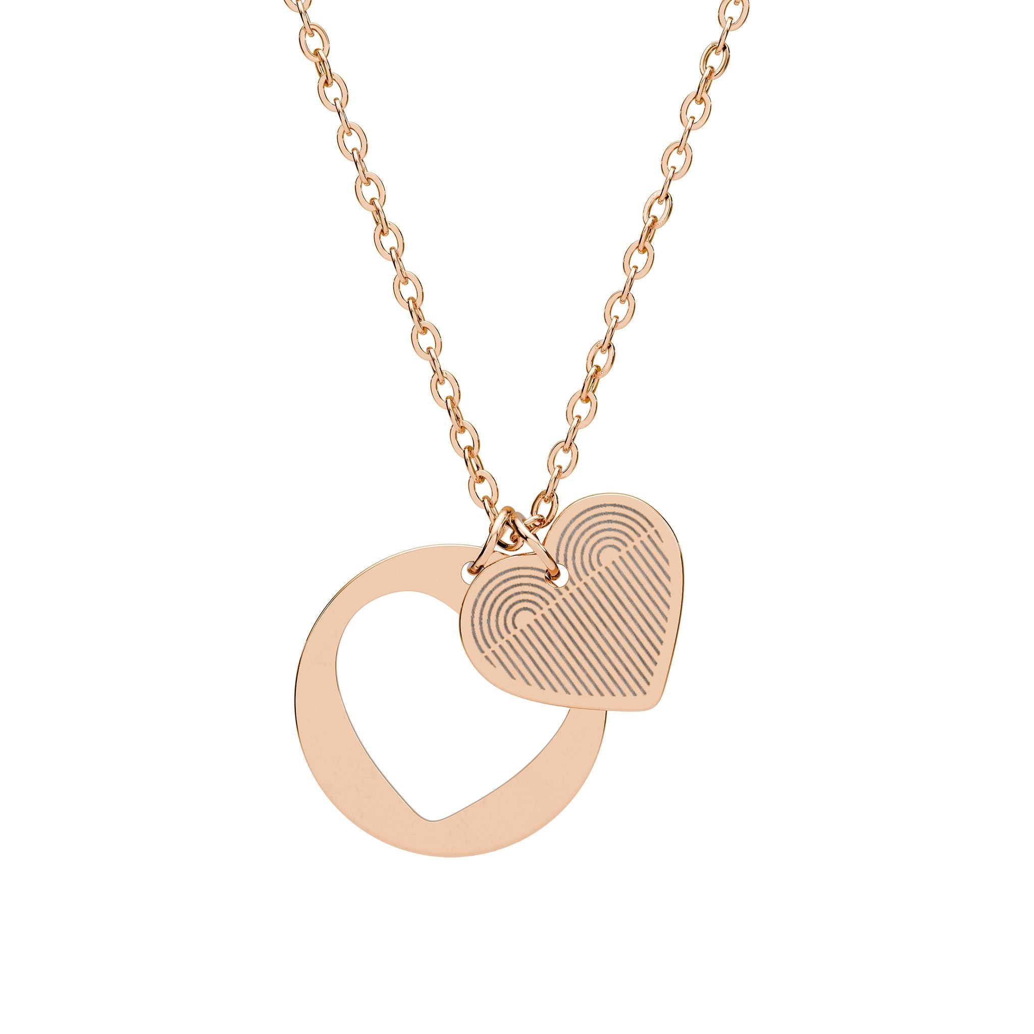 Rose gold heart-shaped necklace on a white background