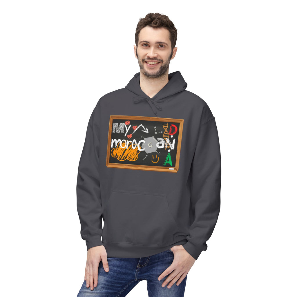 Man wearing a dark gray hoodie with a colorful graphic design on a white background