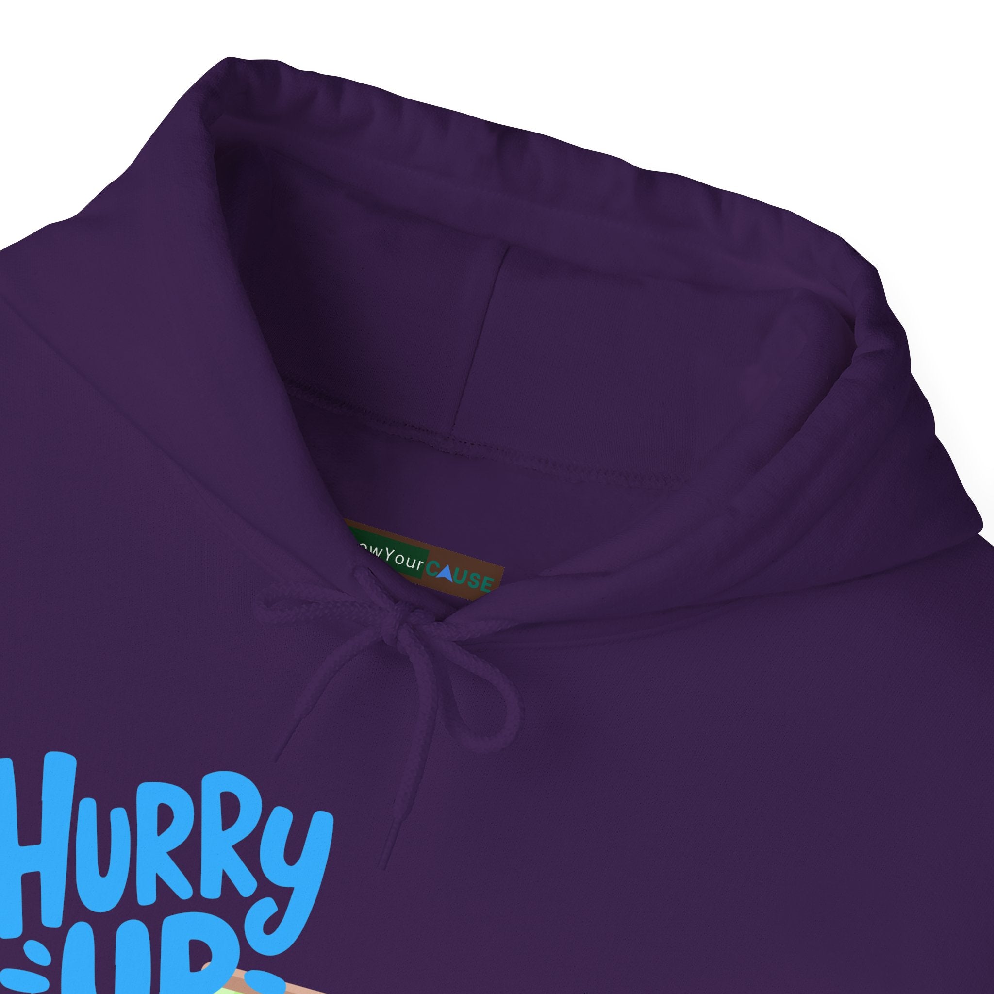 Purple hoodie with blue text on a white background